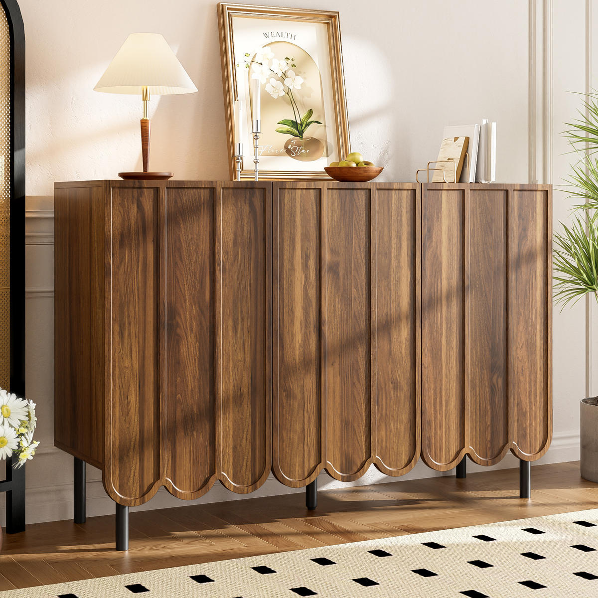 SIDEBOARD aus MDF in Walnussoptik mit Wellentüren und griffloser Rebound-Öffnung, 120/35/80 cm, Walnussoptik - Naturfarben, Holzwerkstoff (35/80/120cm) - Redom