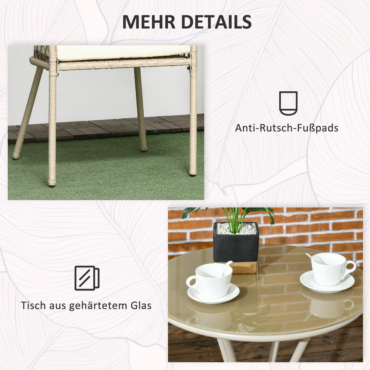 GARTENMÖBEL-SET 3-tlg. mit Kissen, Gartensitzgruppe für Balkon, Terrasse, Khaki - Naturfarben, Kunststoff - Outsunny