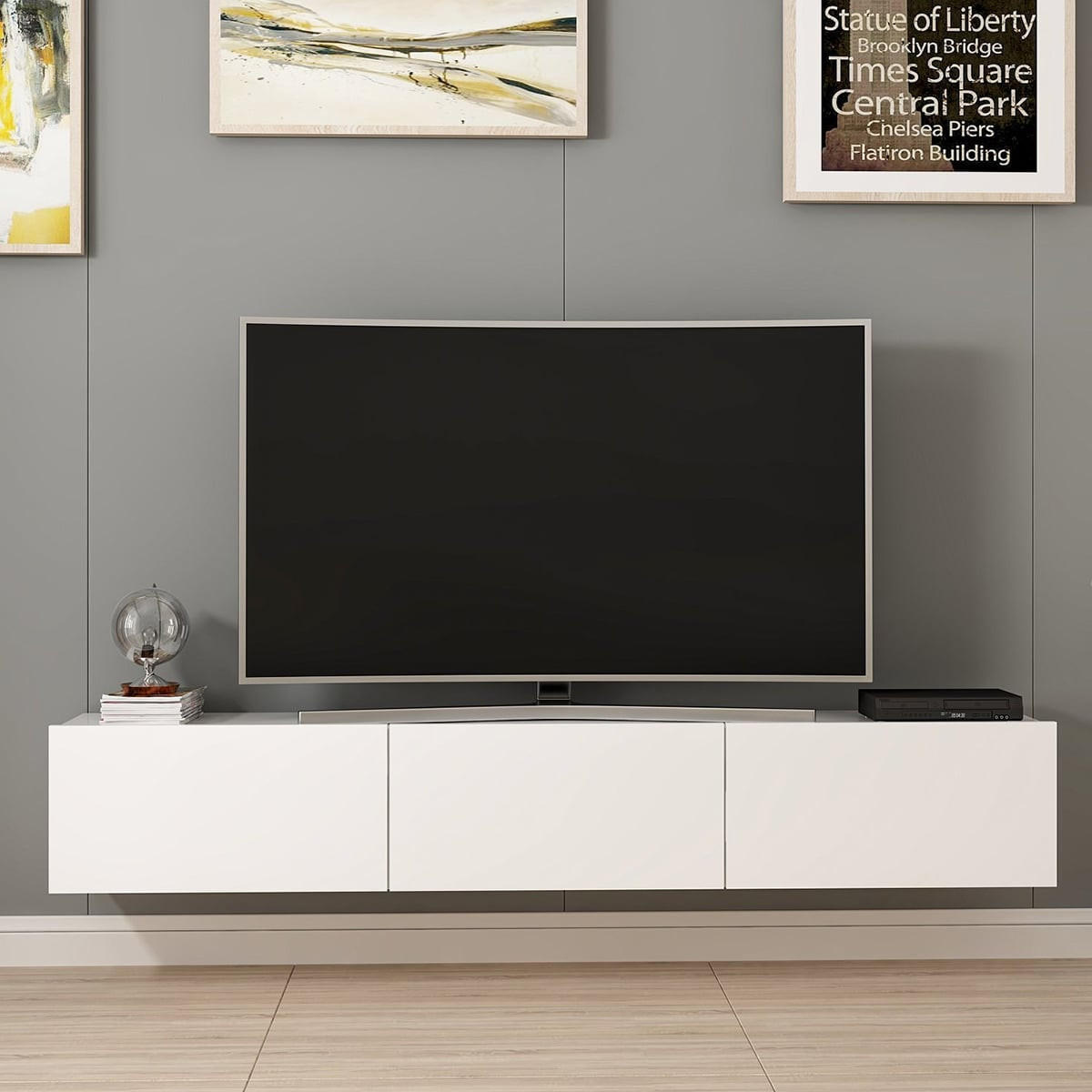 SCHWEBENDER TV-Schrank mit 3 weißen Türen, Länge 180 cm - Rigel - Weiß, Holzwerkstoff (32/30/8.5cm) - Calicosy