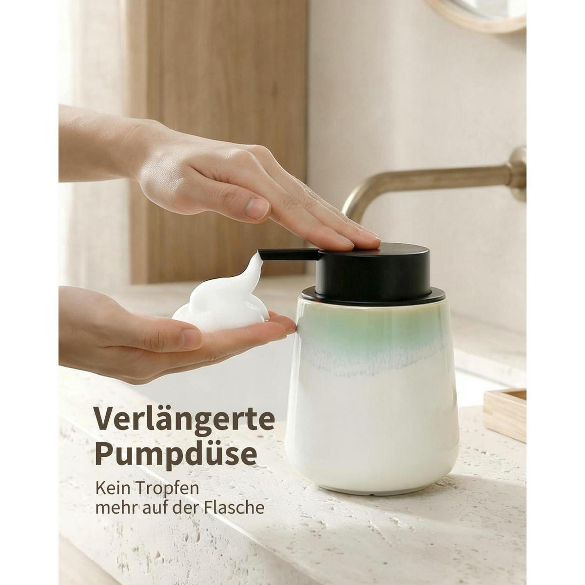 SCHAUMSEIFENSPENDER Keramik Weiß / Grüner Rand 350 ml - Grün, Keramik (9/12/9cm)