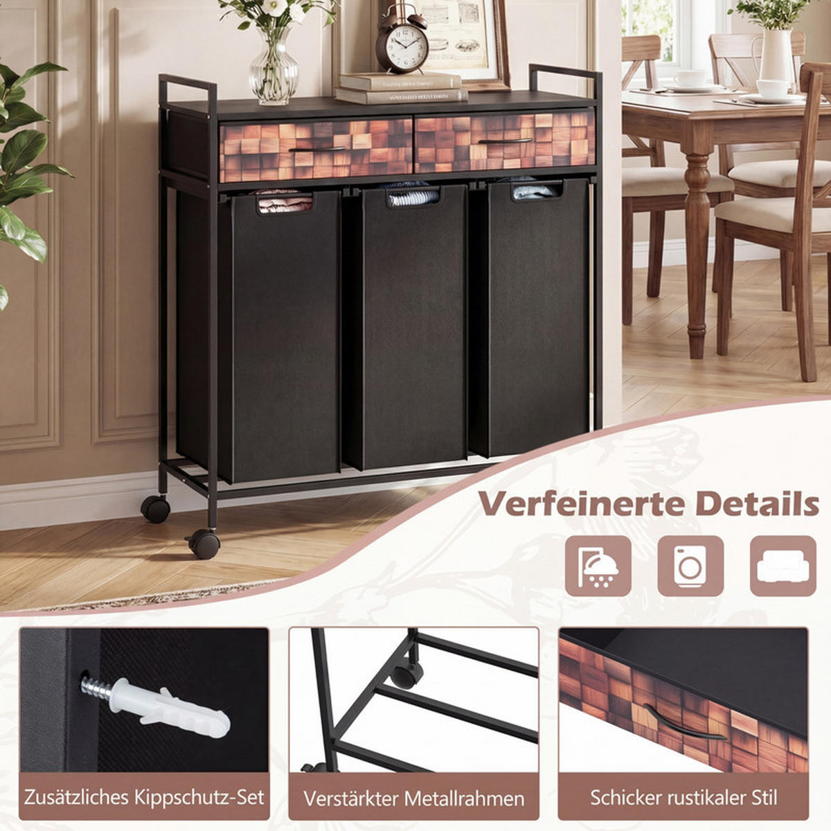 WÄSCHEKORB mit Wäschesäcken schwarz - Schwarz, Metall (92.5/97/33cm) - COSTWAY