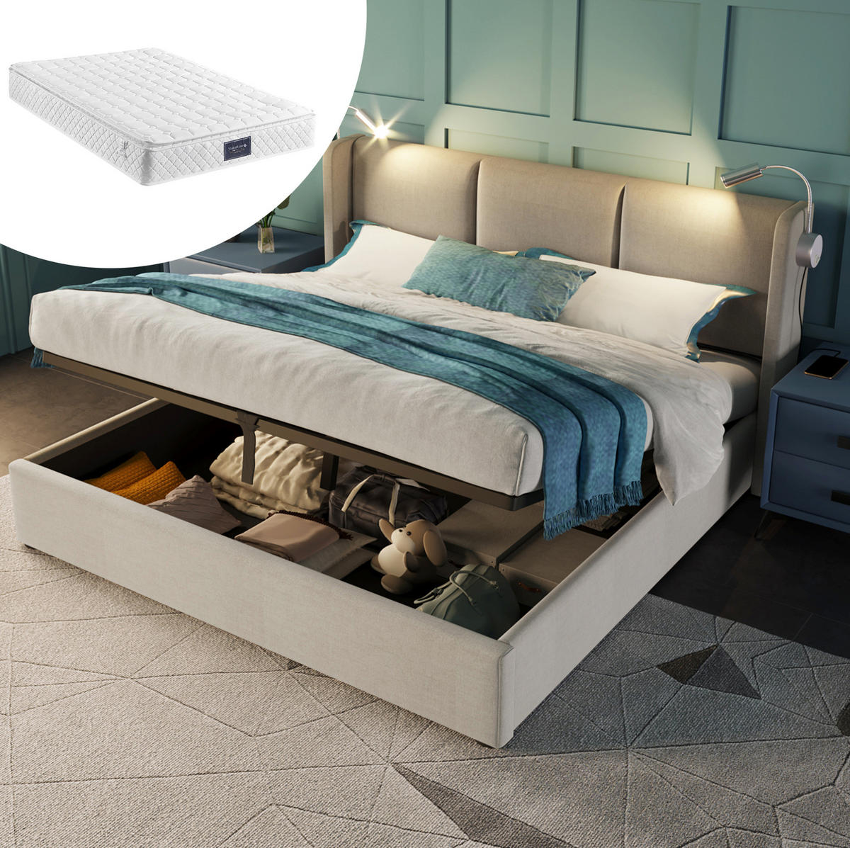 TAPECIRANI krevet 160/200 cm bež od lana s madracem spremnikom, LED lampom i USB punjenjem - bež, tekstil (160/200cm) - OKWISH