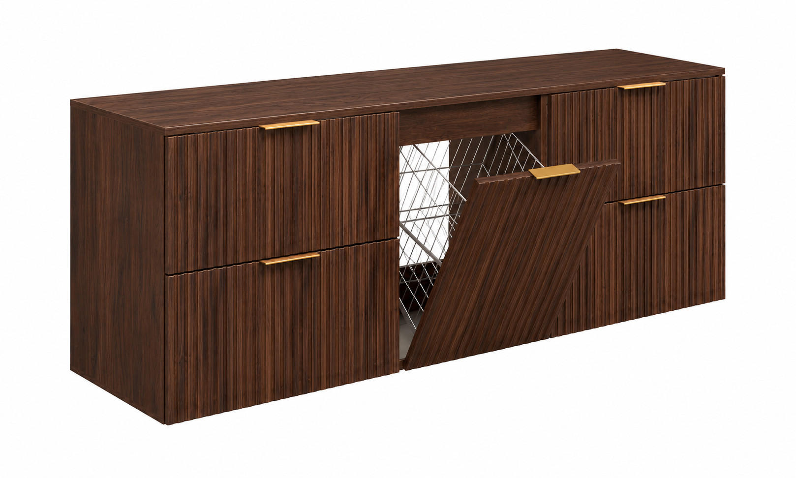 BADMÖBEL-SET MIT WÄSCHEKORB: Eiche Nussbaum, Griffe Gold, 160 x 46 x 57 cm - Eichefarben/Goldfarben, Holzwerkstoff (160/57/46cm) - 3XE LIVING
