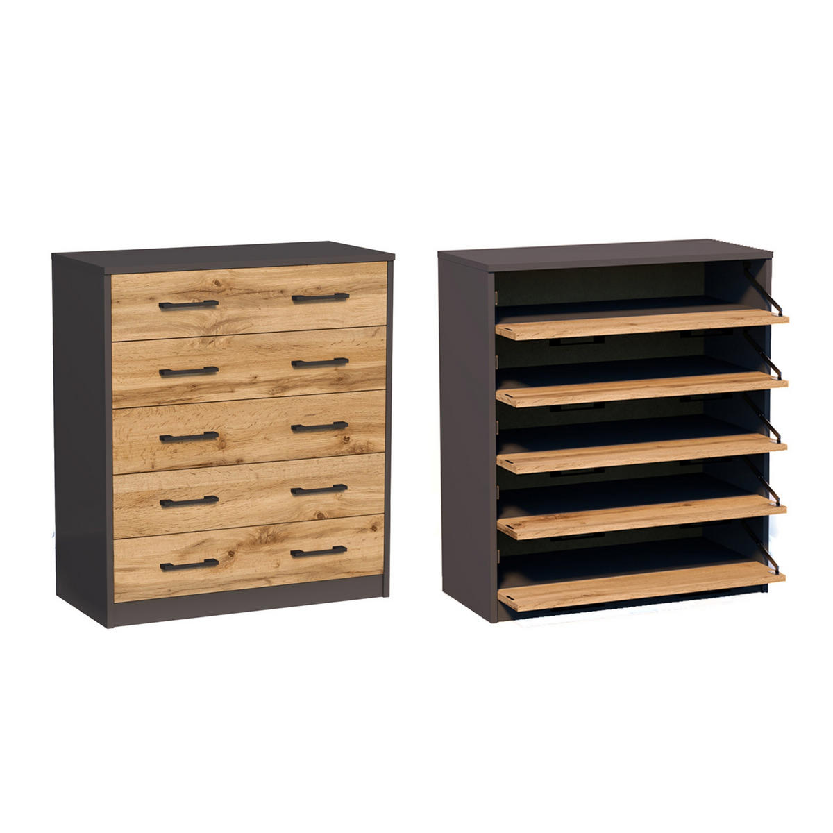 SCHUHSCHRANK mit 5 Fächern - Eichefarben/Graphitfarben, Holzwerkstoff (74/85/35cm) - Home Collective