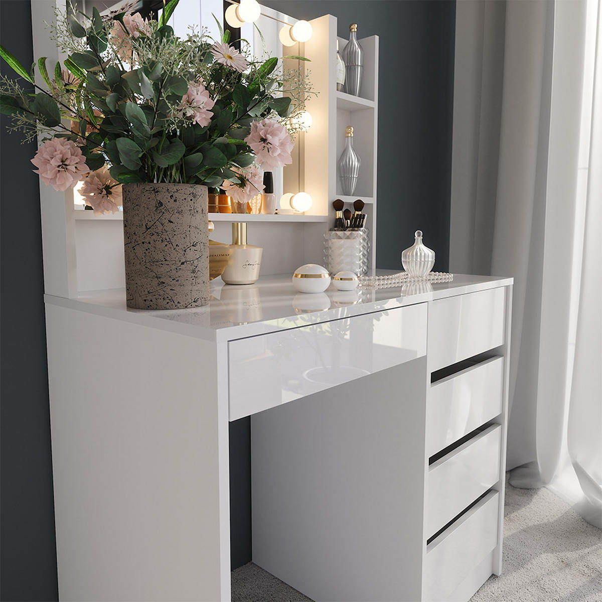 SCHMINKTISCH Sherry Weiß/Weiß Hochglanz 89.8 cm 4 Teile - Weiß Hochglanz, Holzwerkstoff (50.1cm) - Vicco