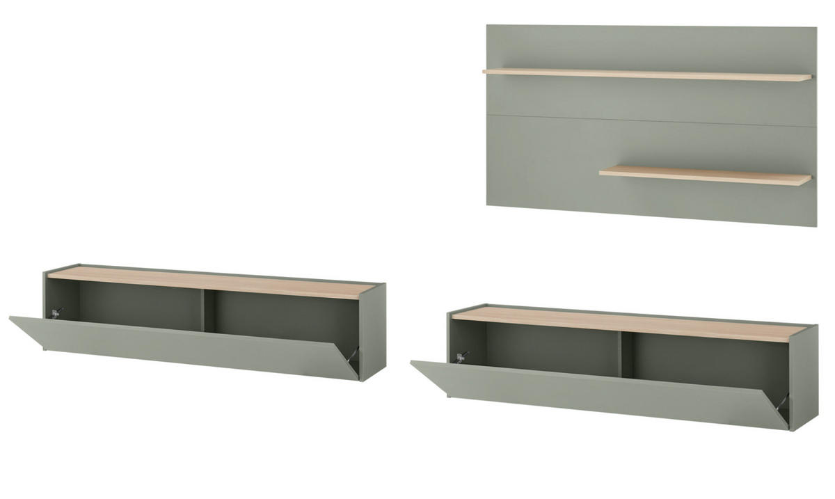 WOHNWAND in Salbei Grün mit Eiche, Wohnzimmer Fernsehschrank mit 300 cm TV Lowboard, gesamt 300 x 190 cm - Salbeigrün/Eichefarben, Holz/Holzwerkstoff (300/190/30cm) - Furn.Design