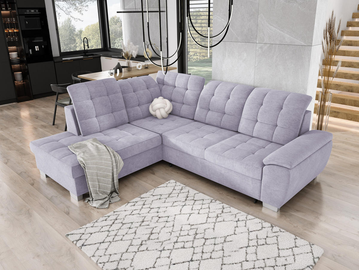 ECKSOFA LOTTA L-förmig Bettkasten verstellbare Kopfstützen hochwertige Verarbeitung lose Rückenkissen freistehend LINKS 212x258x106 cm Silber - Silberfarben, Holz/Textil (212/258cm) - DomoHome