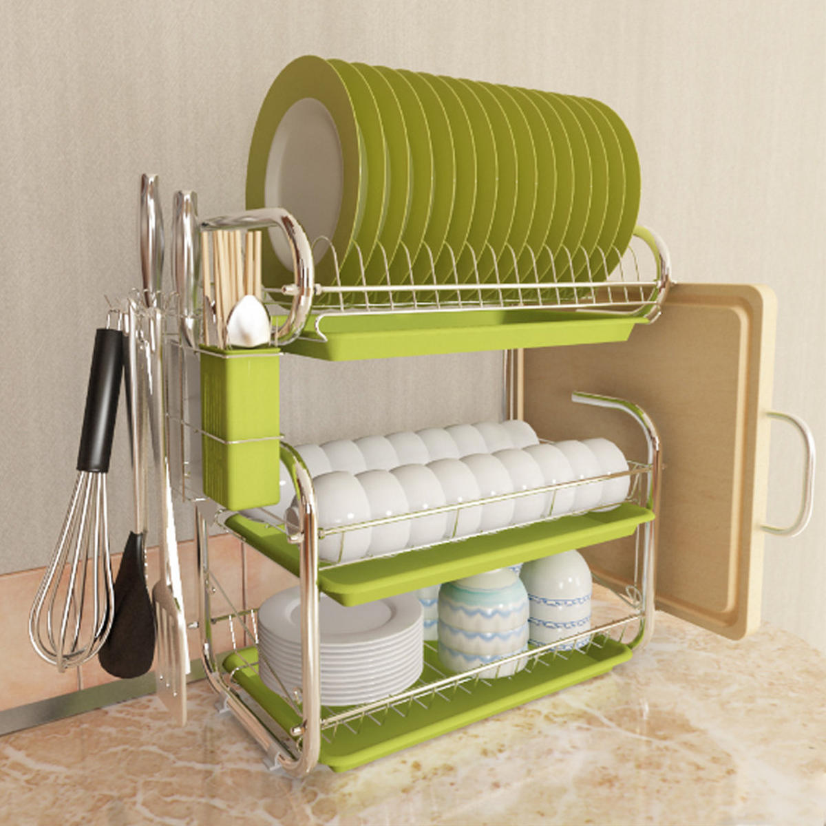 ABTROPFGESTELL Eisen grün dreistöckig Tellerständer 9-förmiger multifunktionaler Aufbewahrungsständer Schneidebrett 40/25/44 cm - Grün, Metall (40/44/25cm) - Livingandhome
