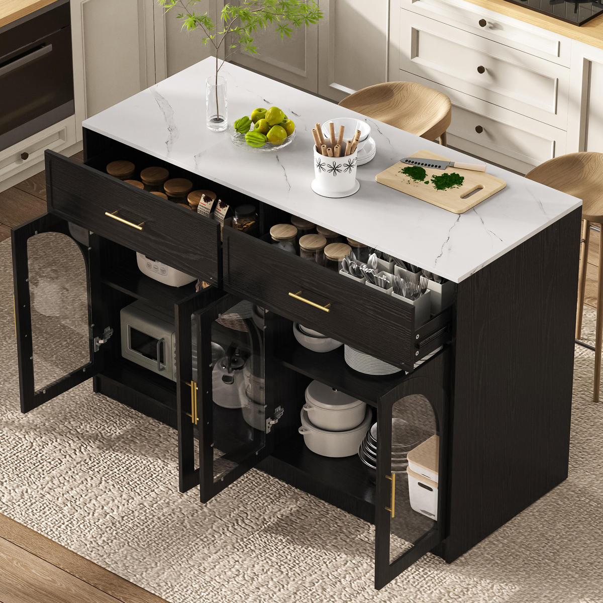 KÜCHENINSEL DE-41097 135/55/91 cm mit LED-Beleuchtung Schwarz - Schwarz, Holzwerkstoff (135/91/55cm) - ComfortXL
