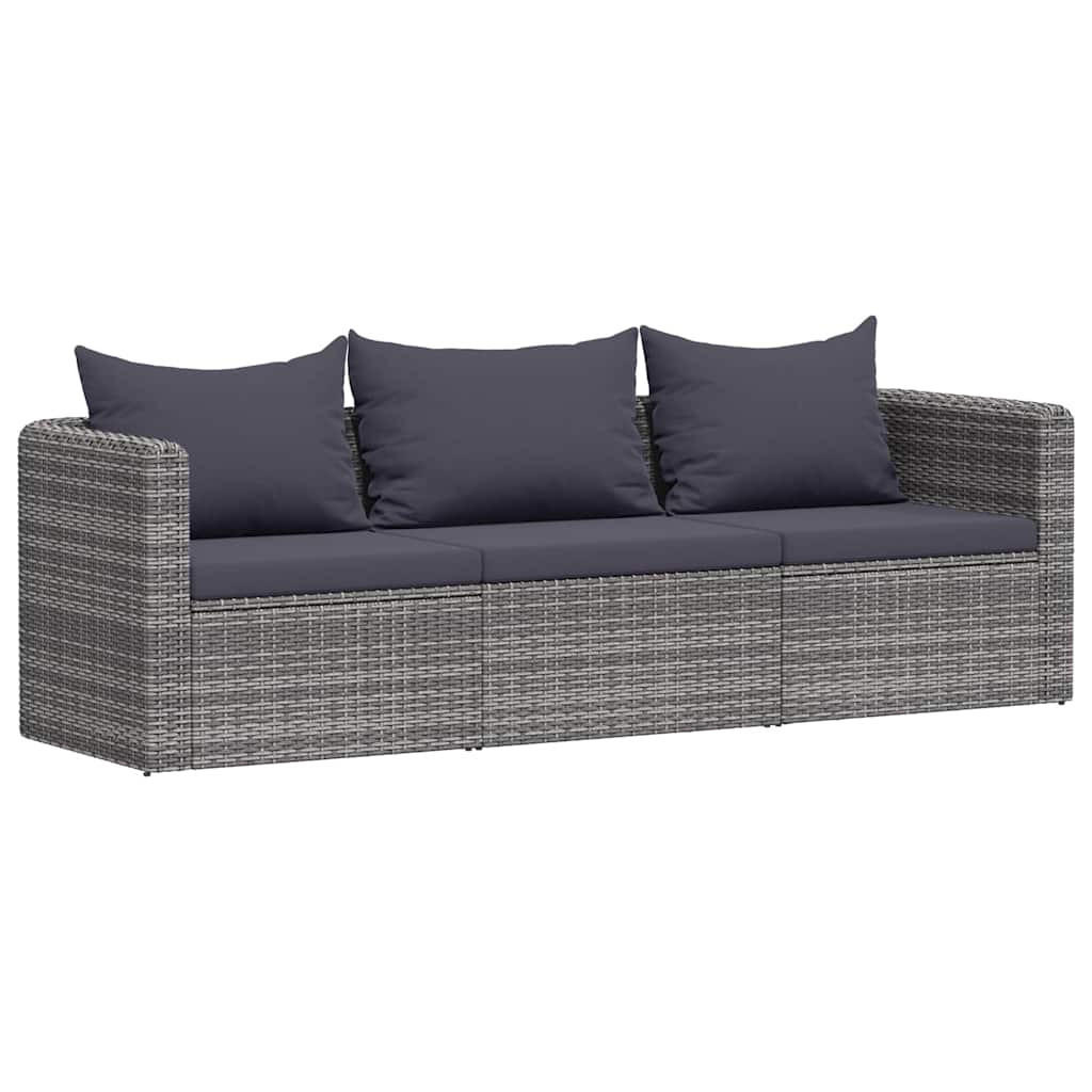 LOUNGESOFA mit Kissen und Armlehnen, 3-Sitzer, 212/72/63 cm, aus Poly Rattan, Grau - Grau, Kunststoff/Textil (72/52/72cm) - vidaXL