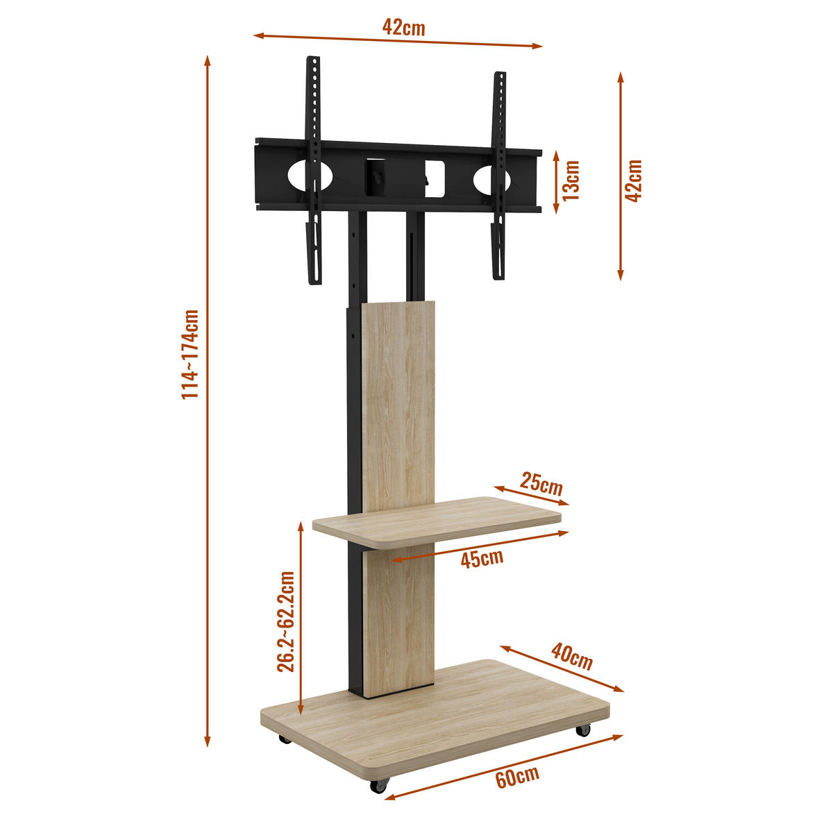 TV-ELEMENT 60/40/114-174 cm Naturholz mit Ablagefach und feststellbaren Rollen - Naturfarben, Holz (60/174/40cm) - Oxeza