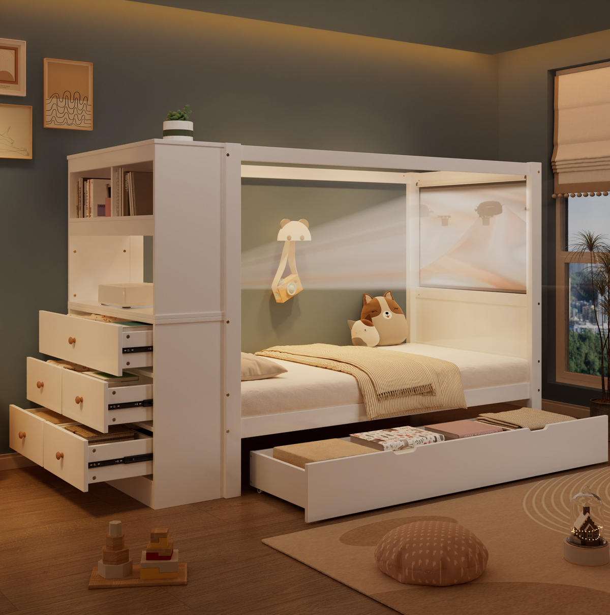 KINDERBETT aus Kiefernholz und MDF 90x200 cm Weiß mit Fallschutz, Stauraum und Schreibtisch - Weiß, Holzwerkstoff (90/200cm) - IVMEU