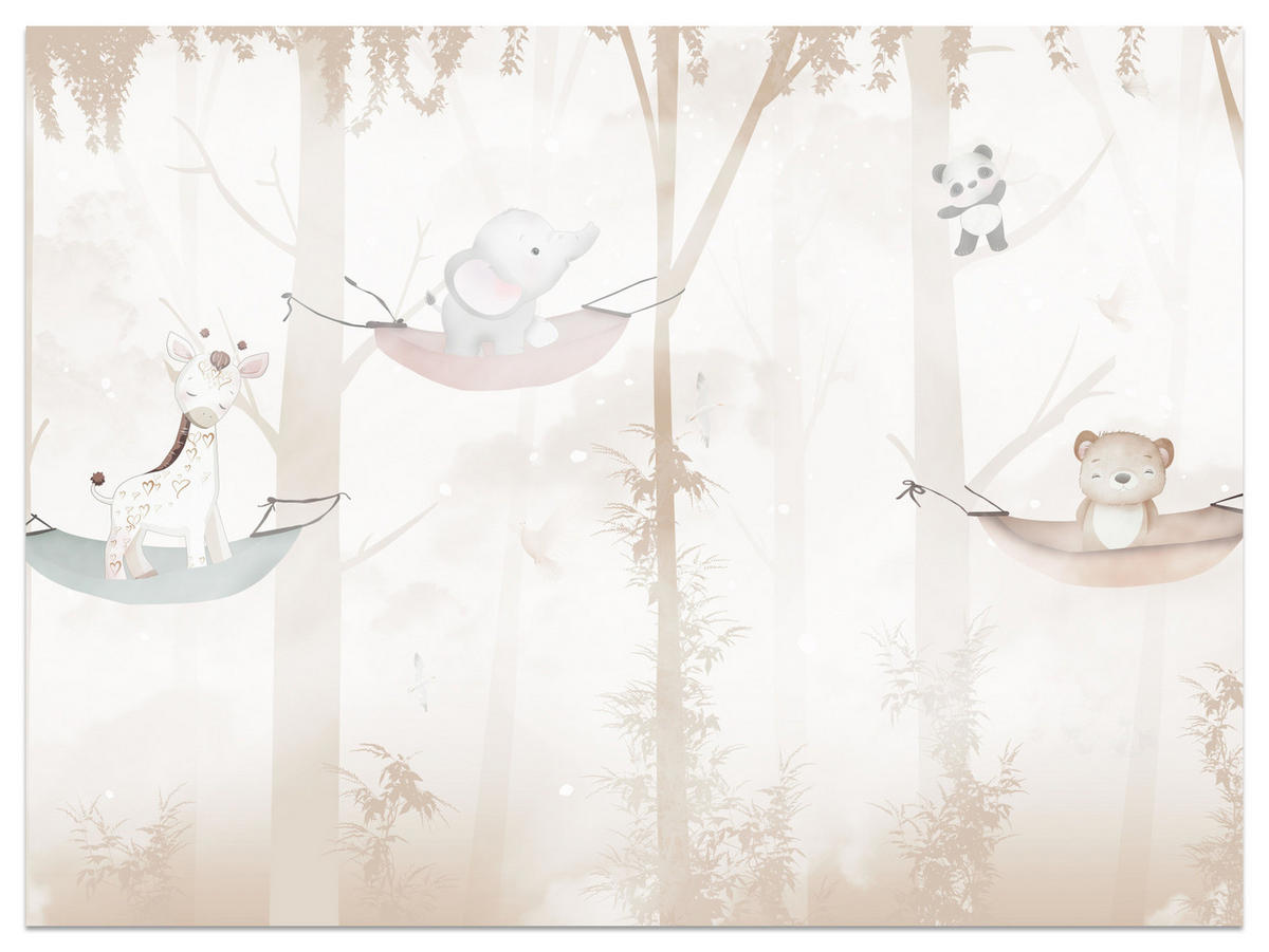 FOTOTAPETE für Kinderzimmer Tiere Hängematten WALD Elefant Giraffe 450x315 - Beige/Schwarz, Papier (450/315cm) - Muralo