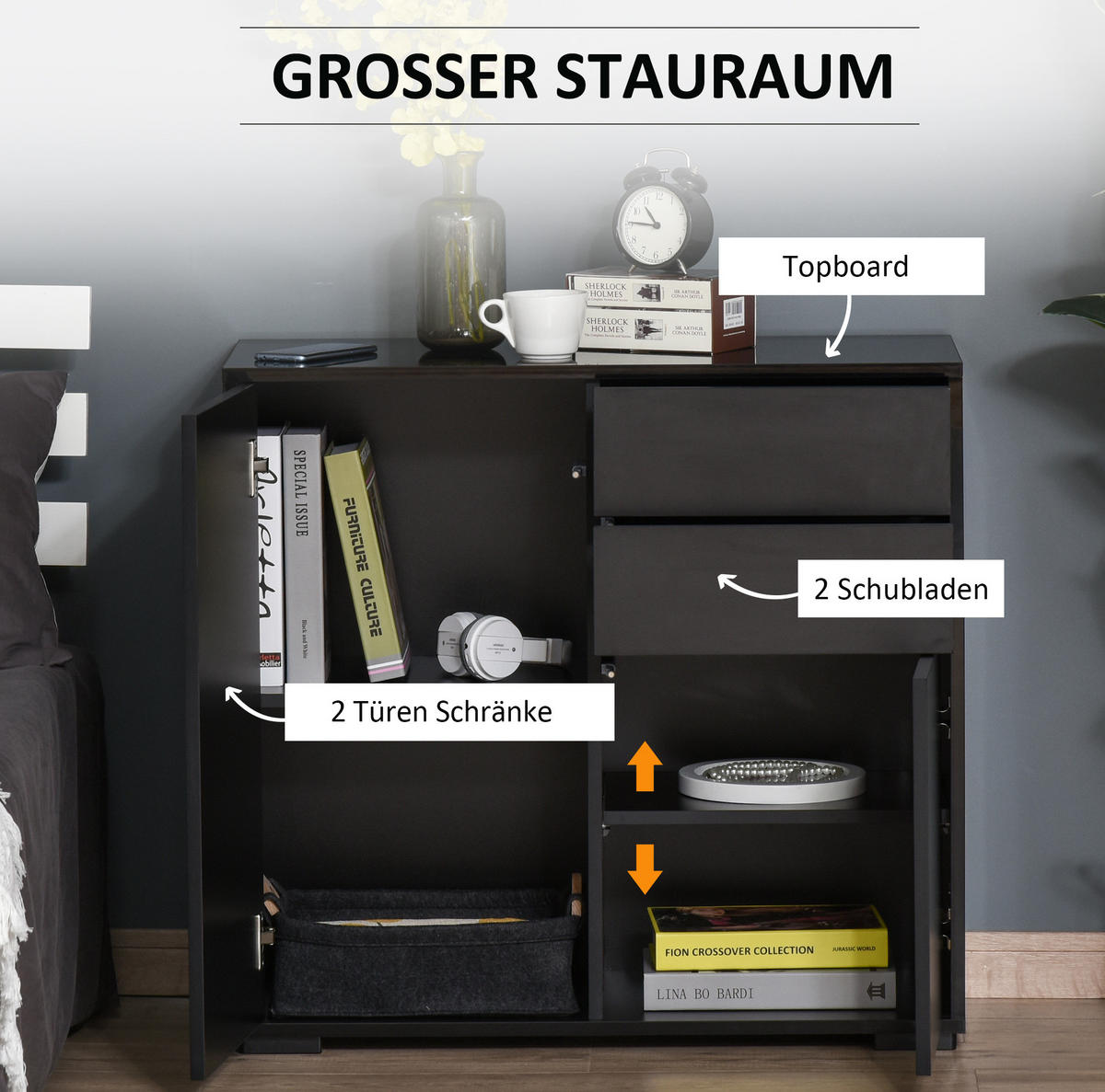 SIDEBOARD 79/36/74 cm mit 2 Türen & 2 Schubladen in Schwarz - Schwarz, Holzwerkstoff (79/74/36cm) - BEAOK