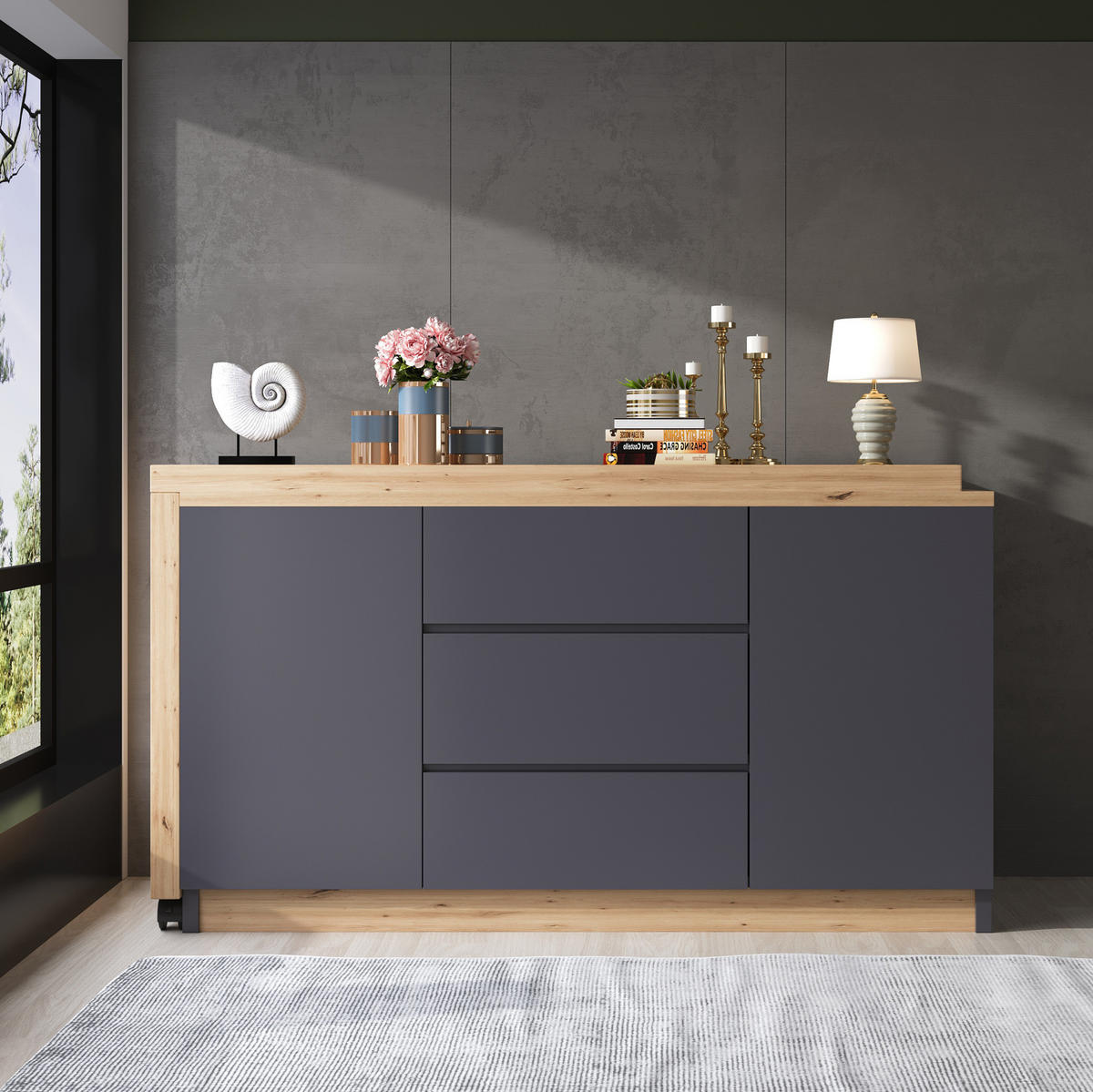SCHREIBTISCH drehbar klappbar 120 x 50 cm Grau Eicheoptik mit Stauraum - Grau, Holz (120/50/76.5cm) - Meubliv