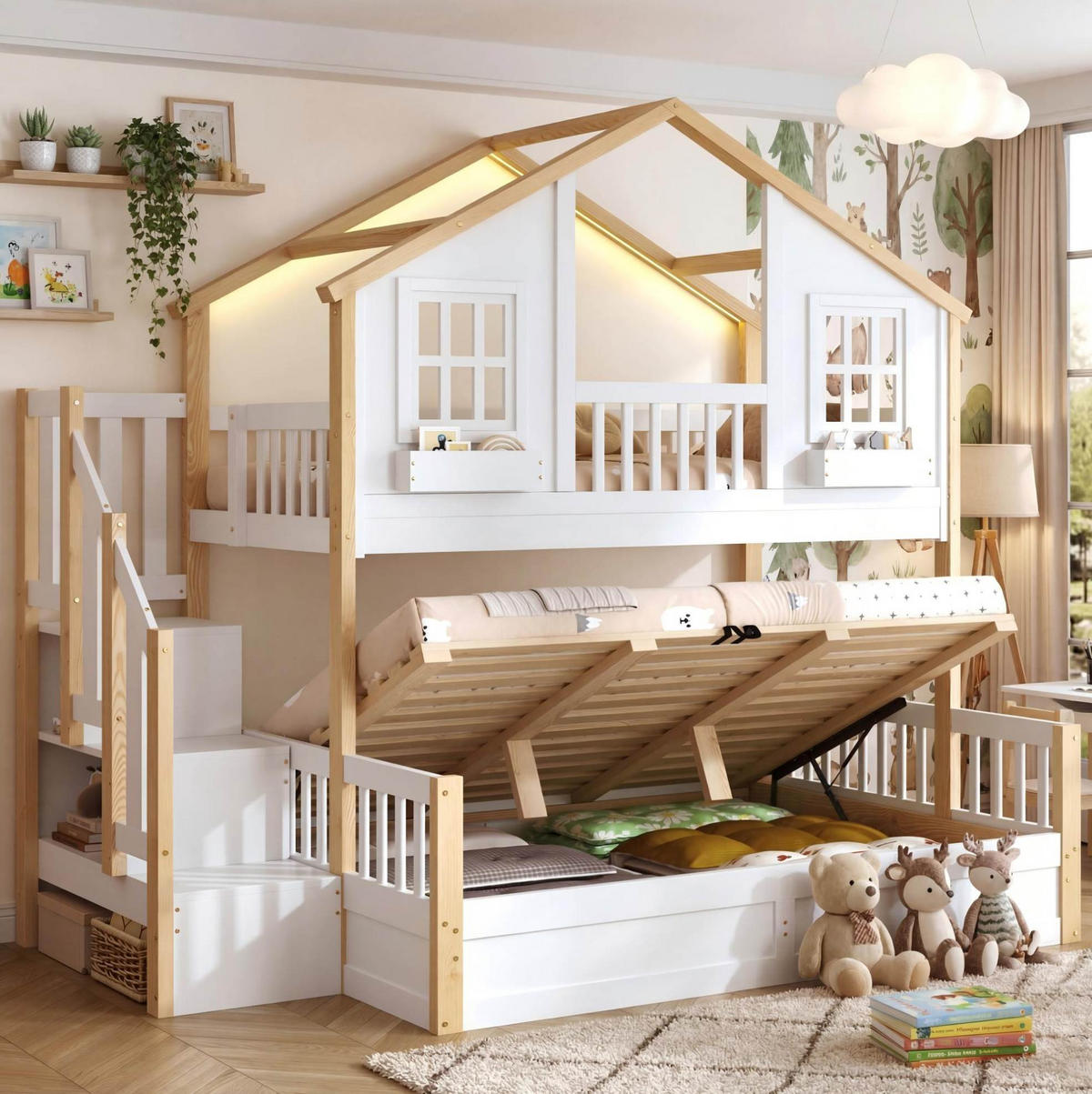 ETAGENBETT 90x200/140x200 cm in Weiß mit Stauraumtreppe, LED und hydraulischem Bettkasten - Weiß, Holz (90/200cm) - IVMEU