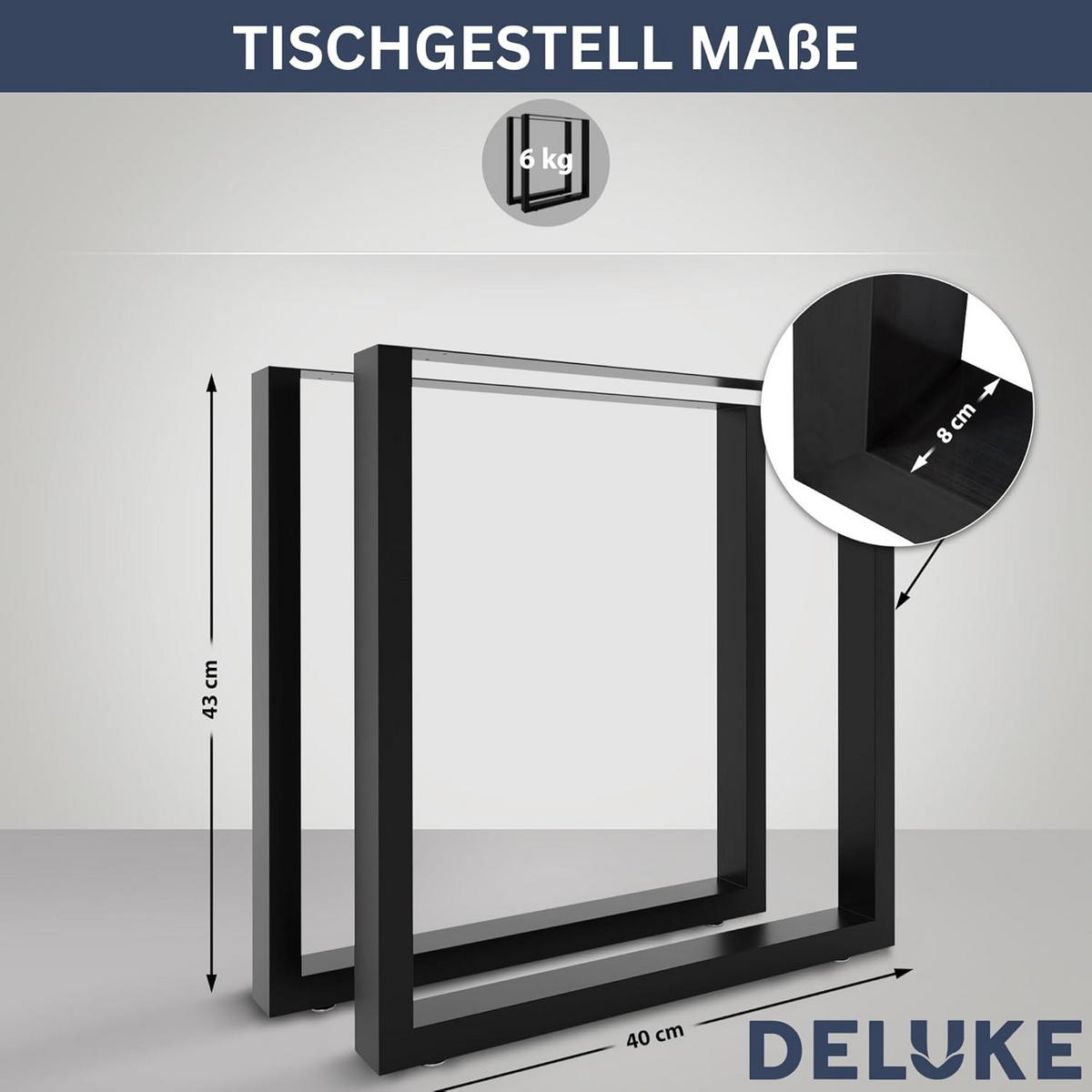 TISCHBEINE Metall CERMO Schwarz | 43x40cm HxB | 2er Set | inkl. Schrauben + Bodenschoner - Schwarz, Metall (40/72/8cm) - DELUKE