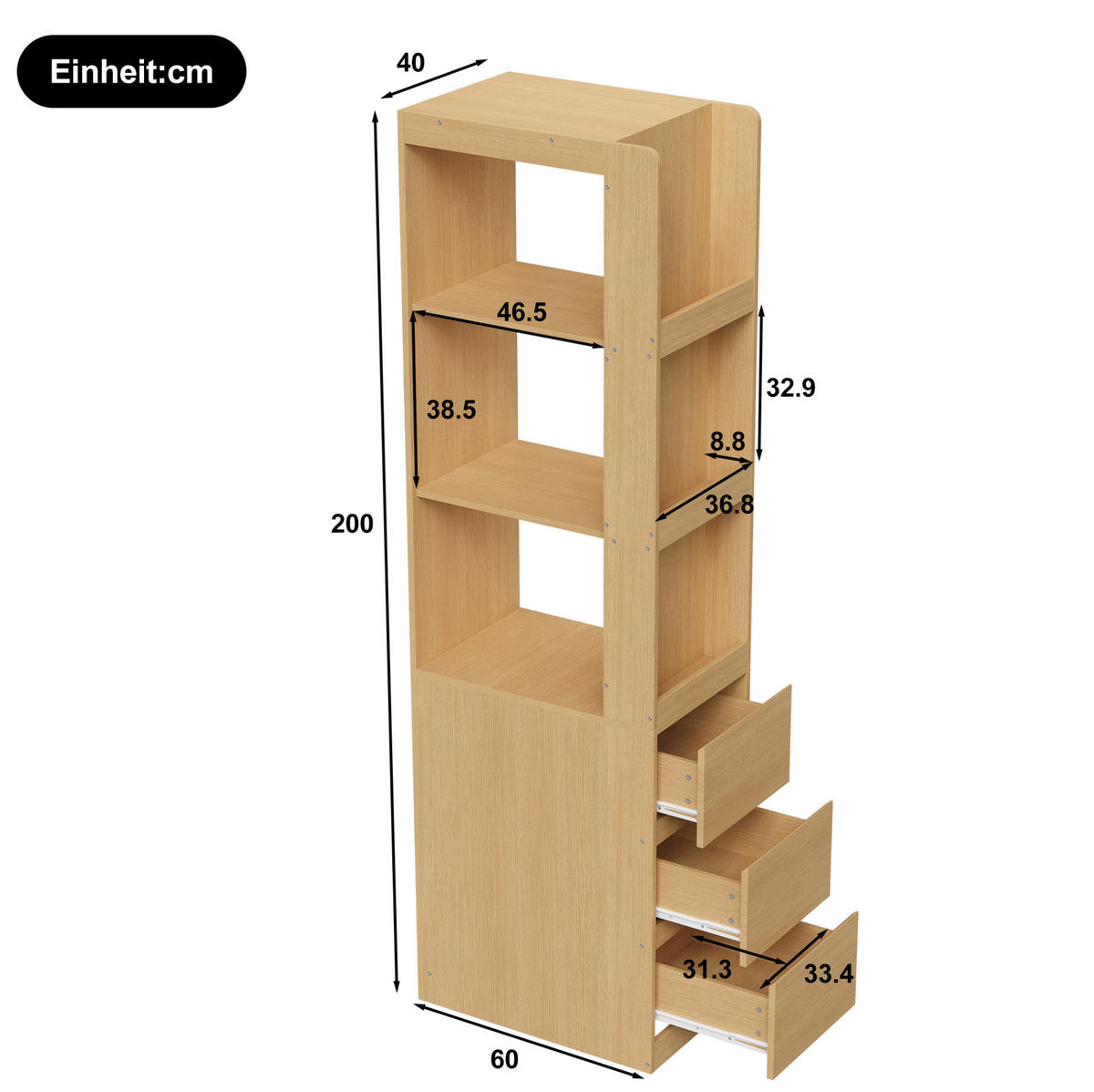 HIGHBOARD 60/40/200 cm in Eiche mit 3 offenen Fächern und 3 Schubladen - Eichefarben, Holzwerkstoff (60/200/40cm) - Flora Grace