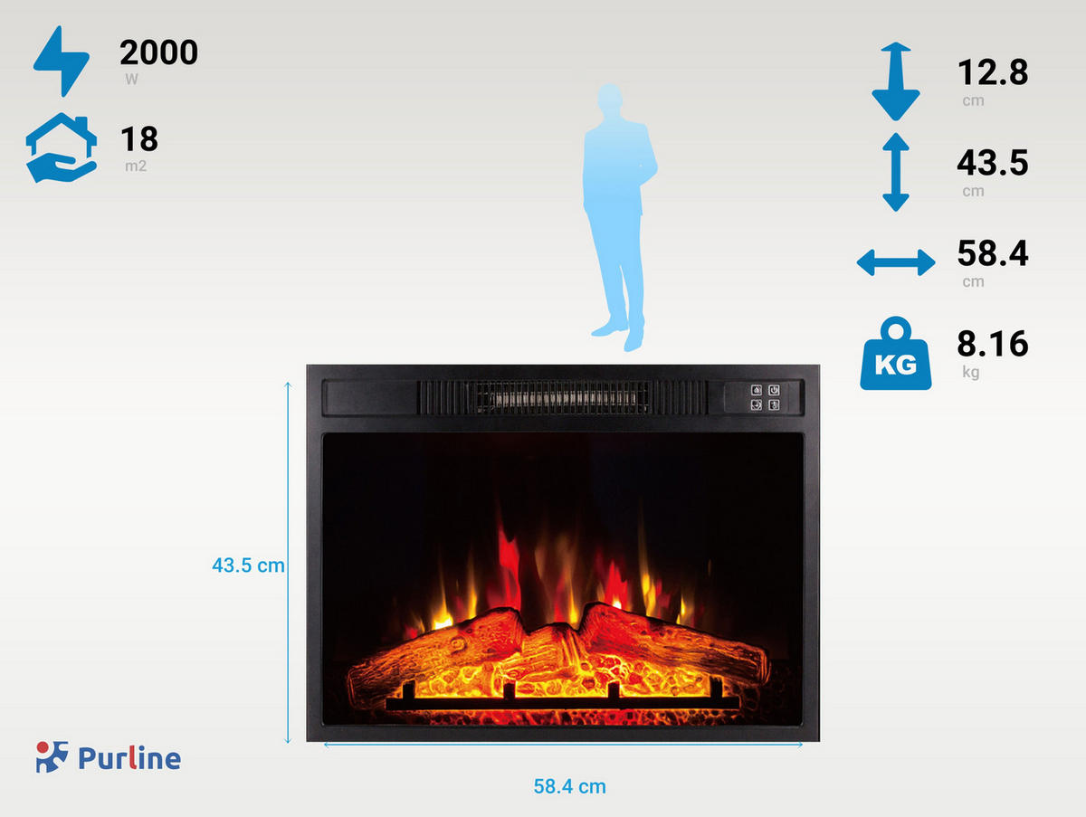 ELEKTROKAMIN Schwarz Wandmodell mit Heizung 2000 W - Schwarz, Glas (58/44/13cm) - Purline