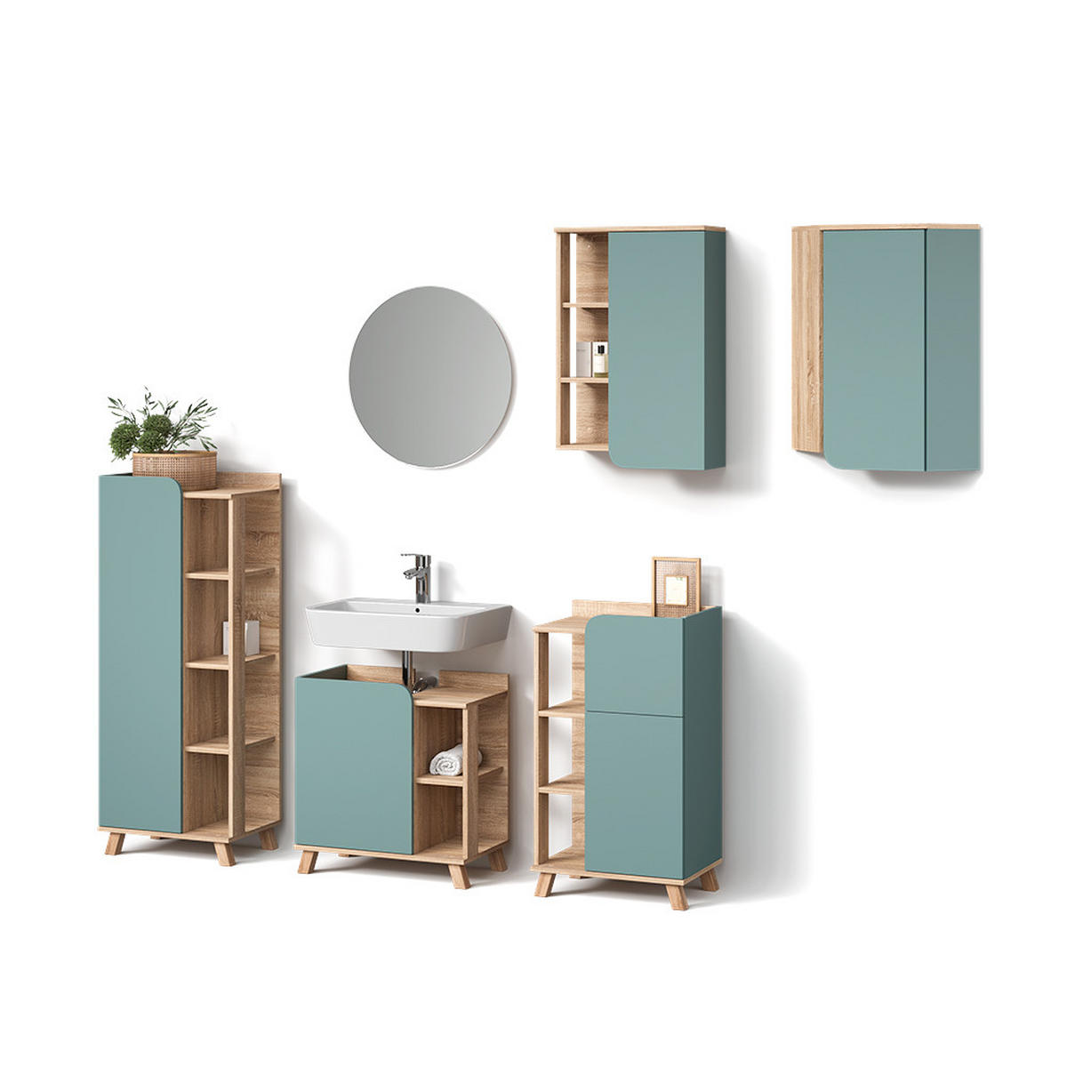 BADMÖBEL-SET Marano Blau-Grau 6 Teile - Blaugrau/Sonoma Eiche, Holzwerkstoff (60/65/35cm) - Livinity®