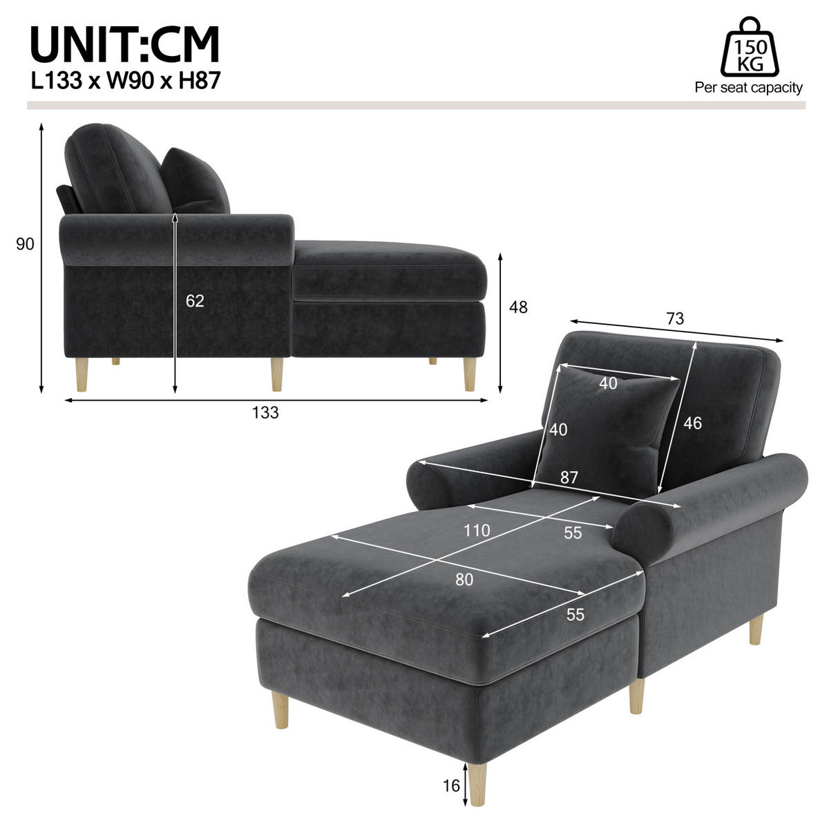 RELAXSESSEL Samt mit Liegefunktion 133/87/90 cm Grau inklusive Kissen - Grau, Kunststoff/Textil (87/90/133cm) - Redom