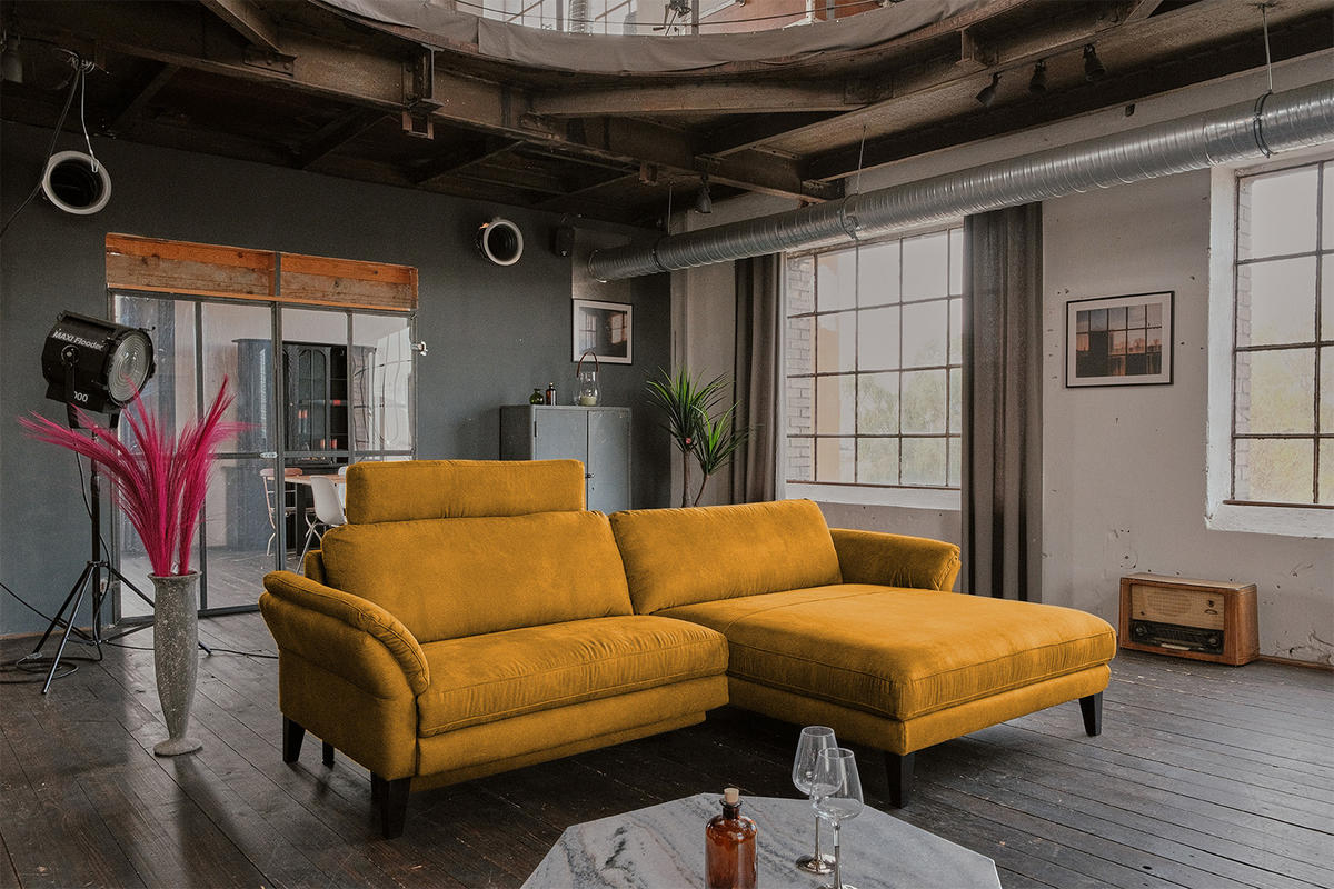ECKSOFA MIT MOTORISCHER RELAXFUNKTION MALTA Gold Webstoff - Goldfarben/Schwarz, Buchenholz/Textil (302/175cm) - KAWOLA