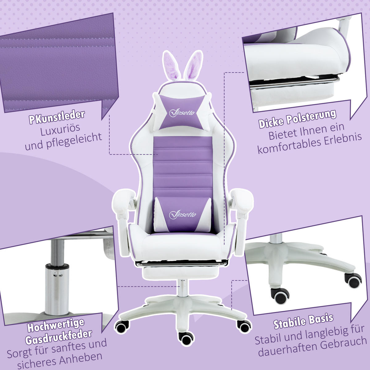 GAMING-STUHL, Liegefunktion, Violett - Violett, Leder (63/142/65cm) - Vinsetto