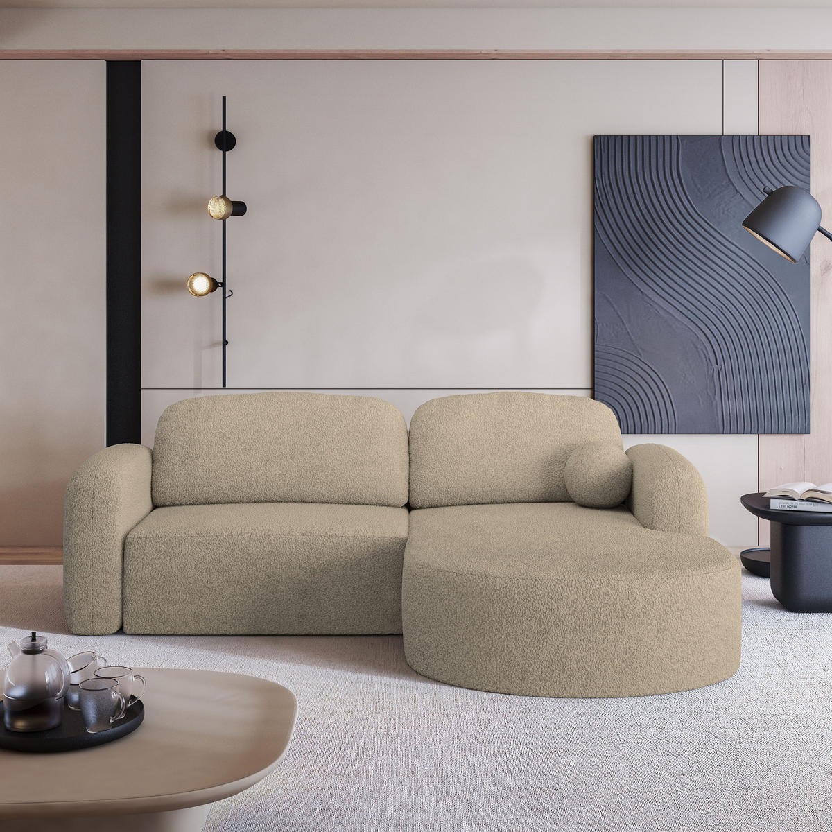 ECKSOFA AMILIA R-S Beige Boucle-Stoff mit Schlaffunktion - Beige, Holz (263/174cm) - MASSENO