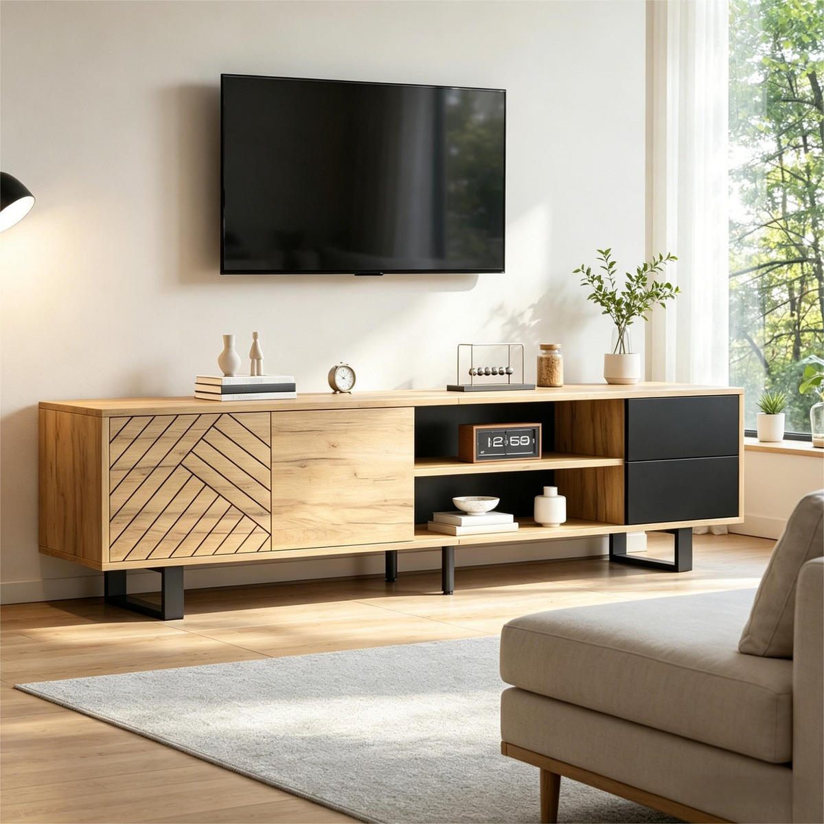 TV-SCHRANK Lowboard Holzoptik 180cm 2 Schubladen Modern - Multicolor, Holzwerkstoff (180/50/40cm) - FLIEKS