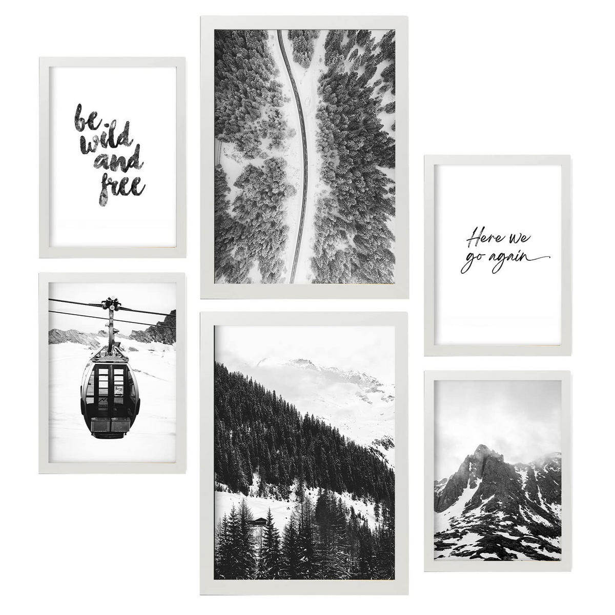 POSTER Set Mit 6 Schwarzweiß Berg Wandbild A3 & A4 Weißer Rahmen - Weiß, Papier (29/3cm) - Nacnic