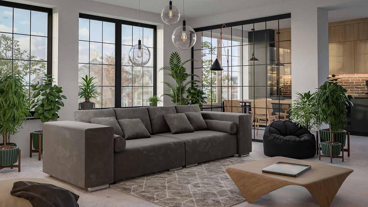 BIGSOFA Kami Microfaser Khaki - Dunkelbraun/Silberfarben, Kunststoff/Textil (290/80/110cm) - S-Style Möbel