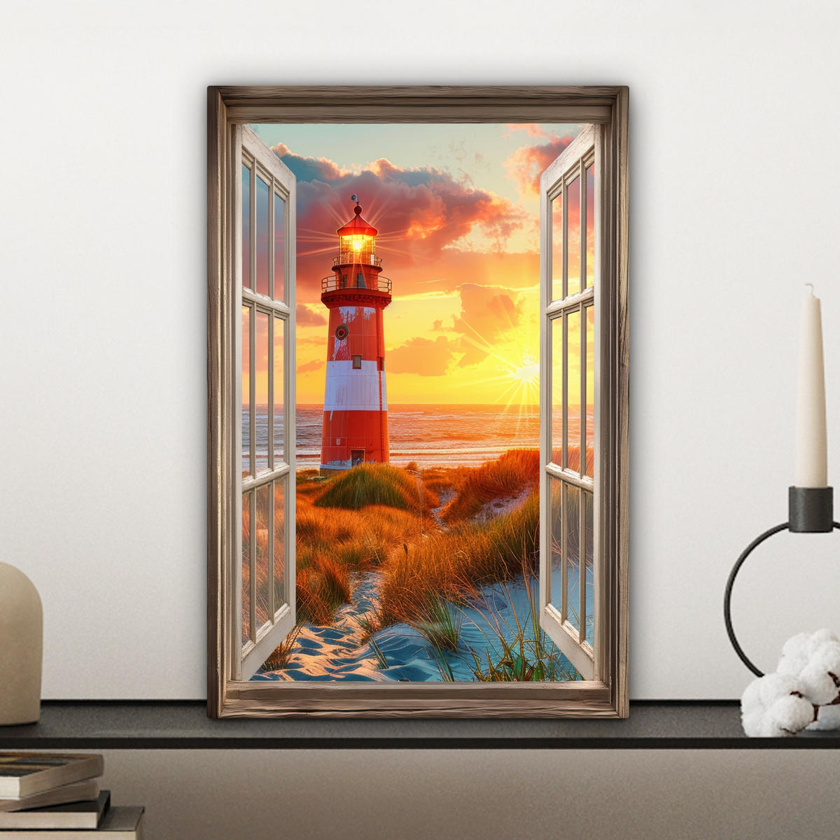 LEINWANDBILD Aussicht - Fenster - Leuchtturm - Sonnenuntergang - Strand Deko Wohnzimmer 20x30 cm - Dunkelorange, Textil (20/30cm) - MuchoWow