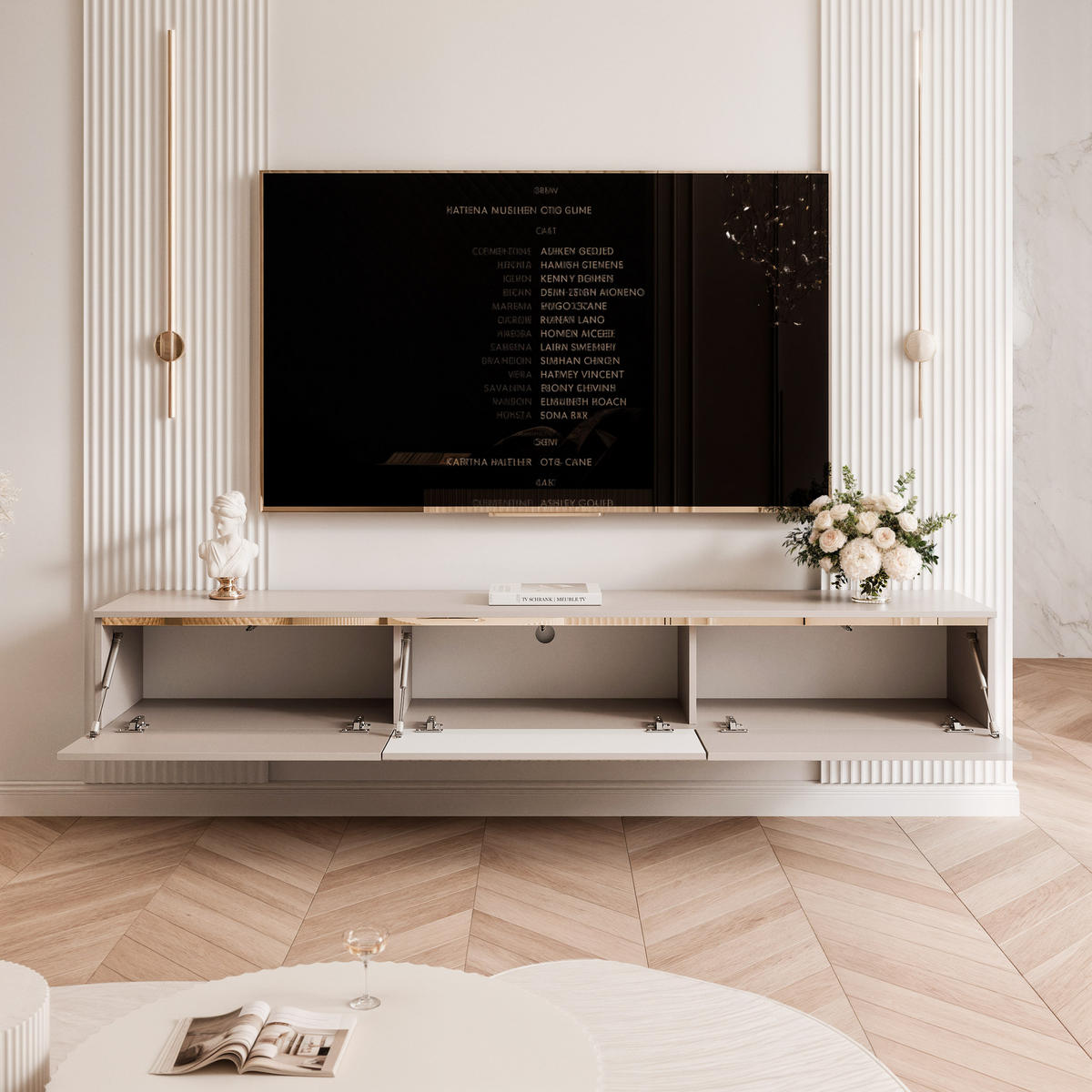 HÄNGENDER TV-Schrank SELIA 200 cm, geriffelt, Kaschmir mit goldener Zierleiste - Kaschmir, Holzwerkstoff (200/28.5/35cm) - Idohome