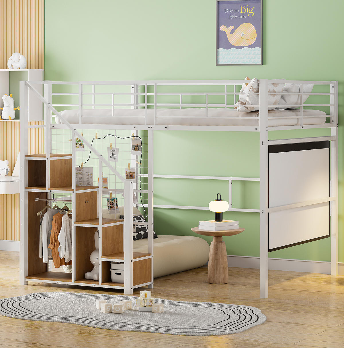 VISOKA postelja 140/200 cm bela z lestvijo in shranjevanjem iz kovine in MDF - bela, kovina (140/200cm) - OKWISH