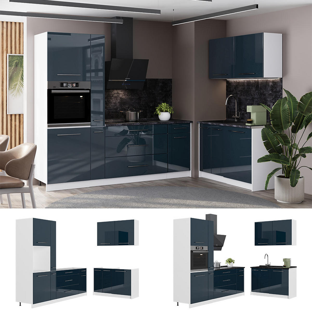 KÜCHENZEILE Fame-Line, Dunkelblau Hochglanz/Weiß, 220 x 120 cm ohne Arbeitsplatte - Dunkelblau/Weiß, Holzwerkstoff (220/206.8/51.6cm) - Vicco