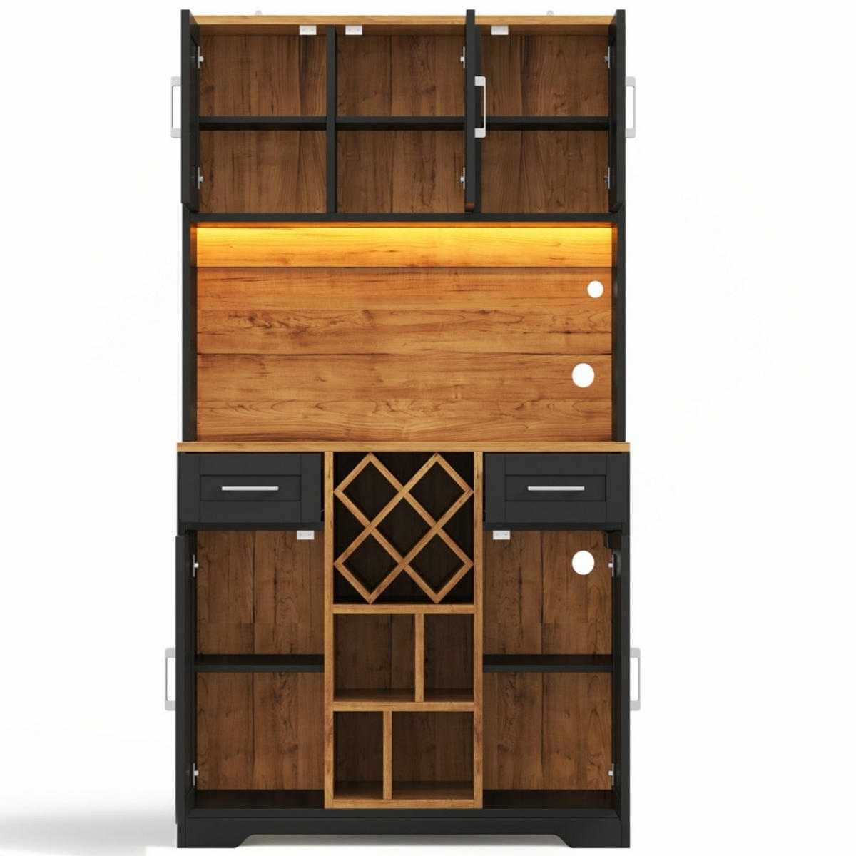 KÜCHENSCHRANK mit LED-Beleuchtung, Weinregal und Steckdose, MDF Holzoptik, Esszimmer Vitrinenschrank, 105/180/40 cm - Naturfarben, Kunststoff (40/180/105cm) - Rolipo