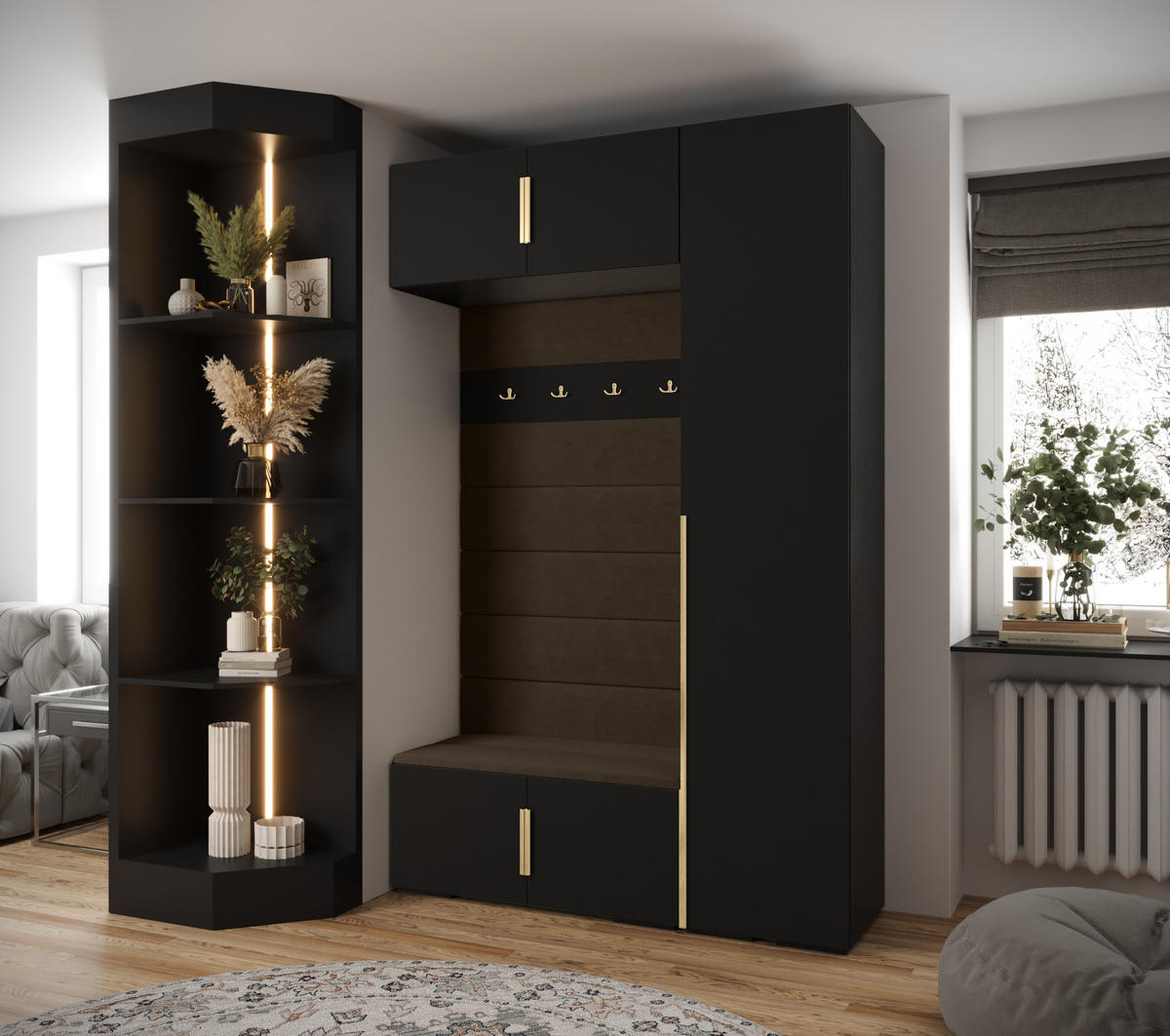 GARDEROBEN-SET 236,7/150/47 - Goldfarben/Schwarz, Holz/Kunststoff (150/236.7/47cm) - Abiks Möbel