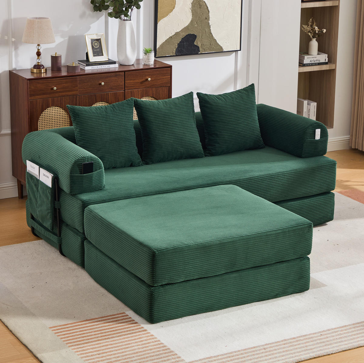 MODULARES Sofa 200/190/67 cm aus Cord mit Hocker und Seitentasche Smaragdgrün - Smaragdgrün, Textil (190/67/200cm) - Modenvie