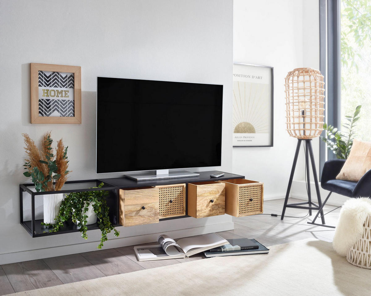 LOWBOARD Hängend Mango Massivholz Metall Modern Stil mit Schubladen und Rattan-Fronten - Schwarz, Holz/Metall (150/25/35cm) - KADIMA DESIGN