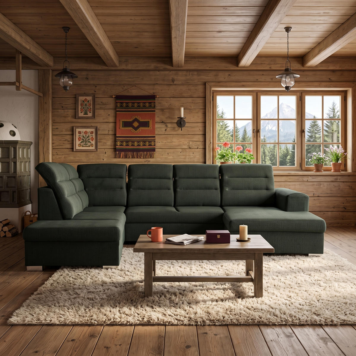 ECKSOFA U-Form CLOUD U Links mit Schlaffunktion 120x252 Velours Dunkelgrün - Dunkelgrün/Silberfarben, Holz/Kunststoff (320/103/202cm) - Muffo