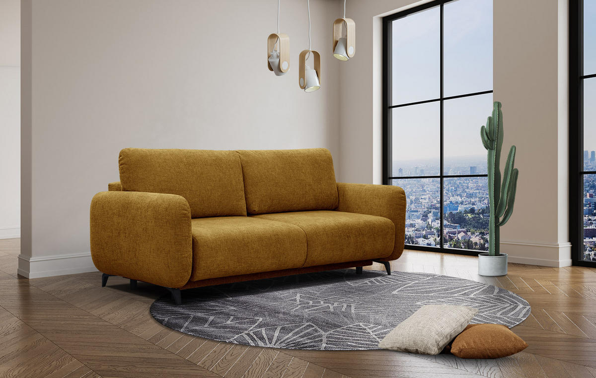 SOFA DRAKE 3-Sitzer mit Schlaffunktion, dunkelgelb - Dunkelgelb/Braun, Holz/Textil (232/90/107cm) - Courtois Laville