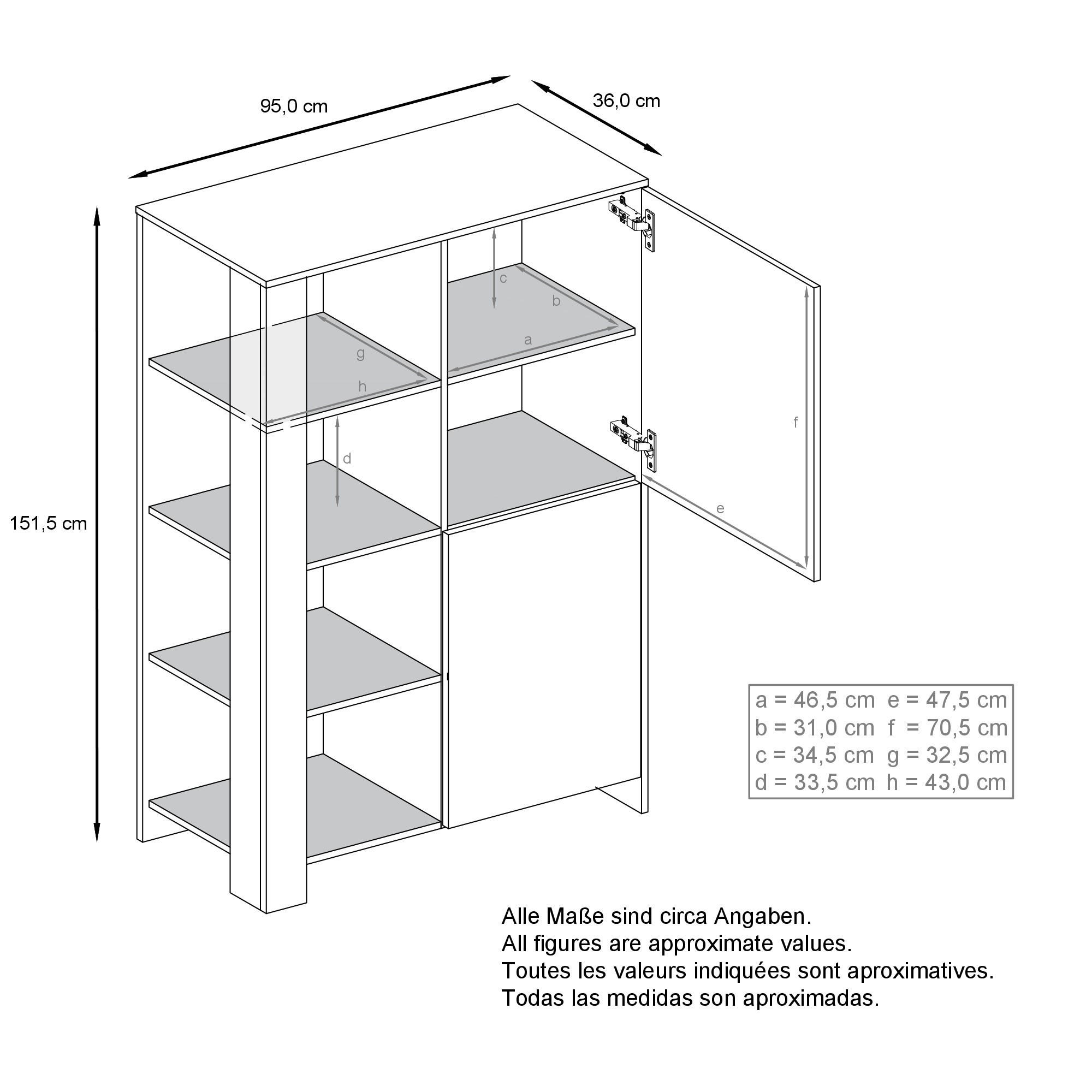 Thumbnail - Vladon Highboard, Silbereichen, Holzwerkstoff, 95x151.5x36 cm, Wohnzimmer, Kommoden & Sideboards, Highboards