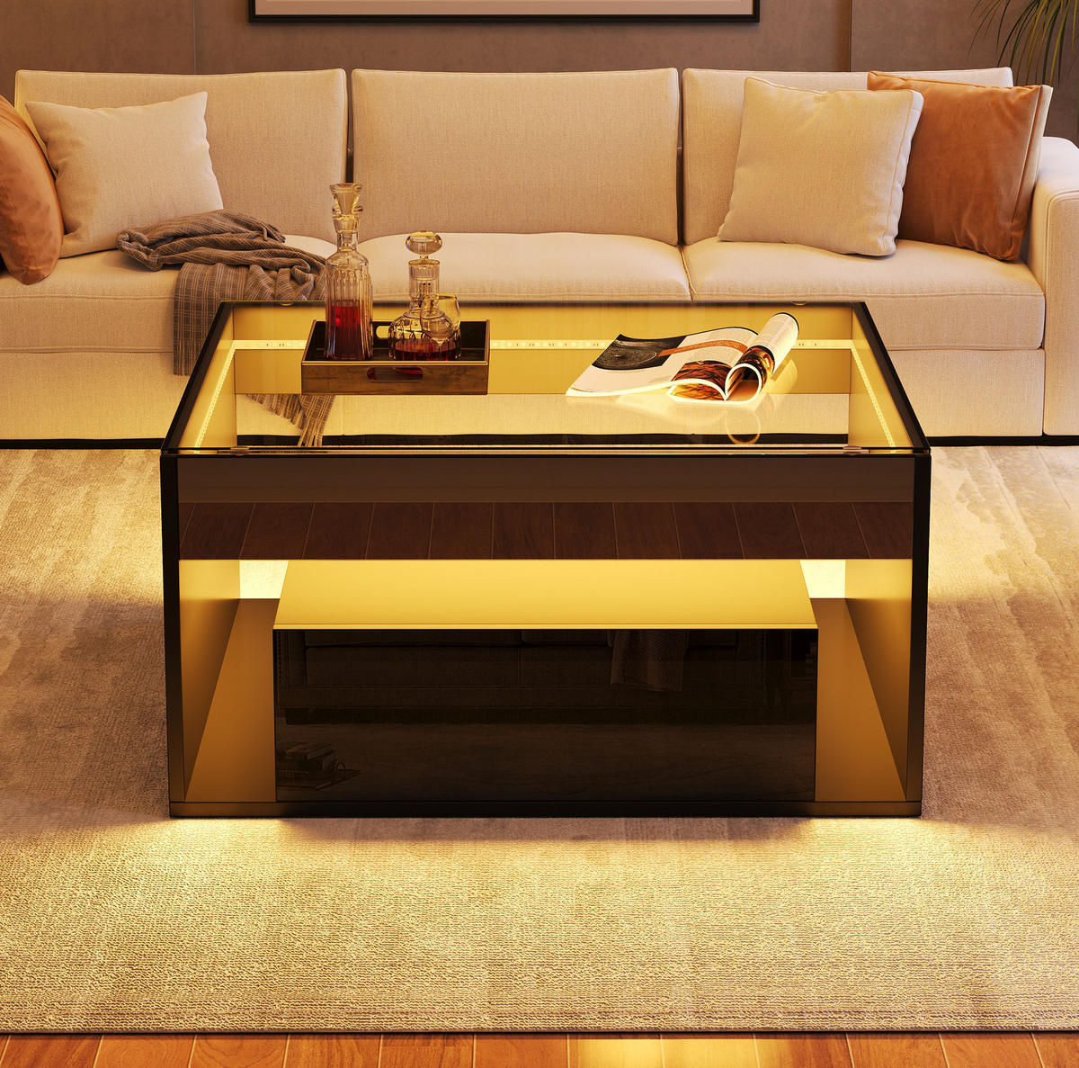 COUCHTISCH 70/70 cm mit 2 Schubladen, LED-Beleuchtung und Glasplatte - Schwarz, Holzwerkstoff (70/70/35cm) - BEAOK