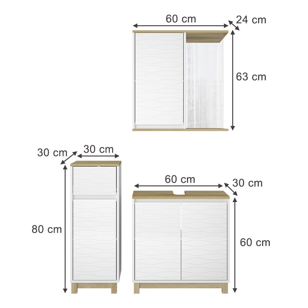 BADMÖBEL-SET Livia Weiß/Eiche 3 Teile, mit Midischrank - Eichefarben/Weiß, Holzwerkstoff (60/60/30cm) - Vicco