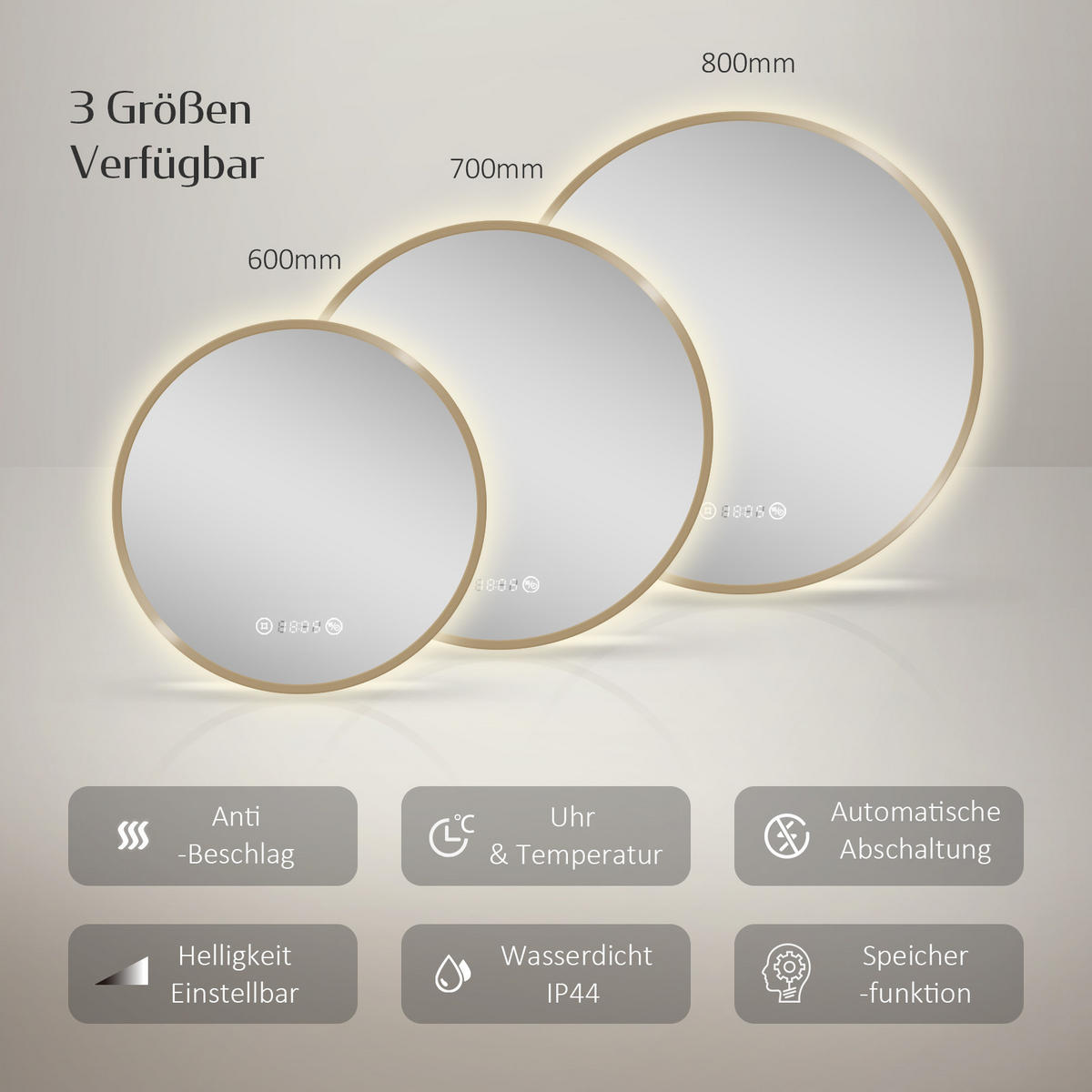 BADSPIEGEL Rund mit Beleuchtung Gold ф70 cm - Goldfarben, Glas (70/3.1/70cm) - EMKE