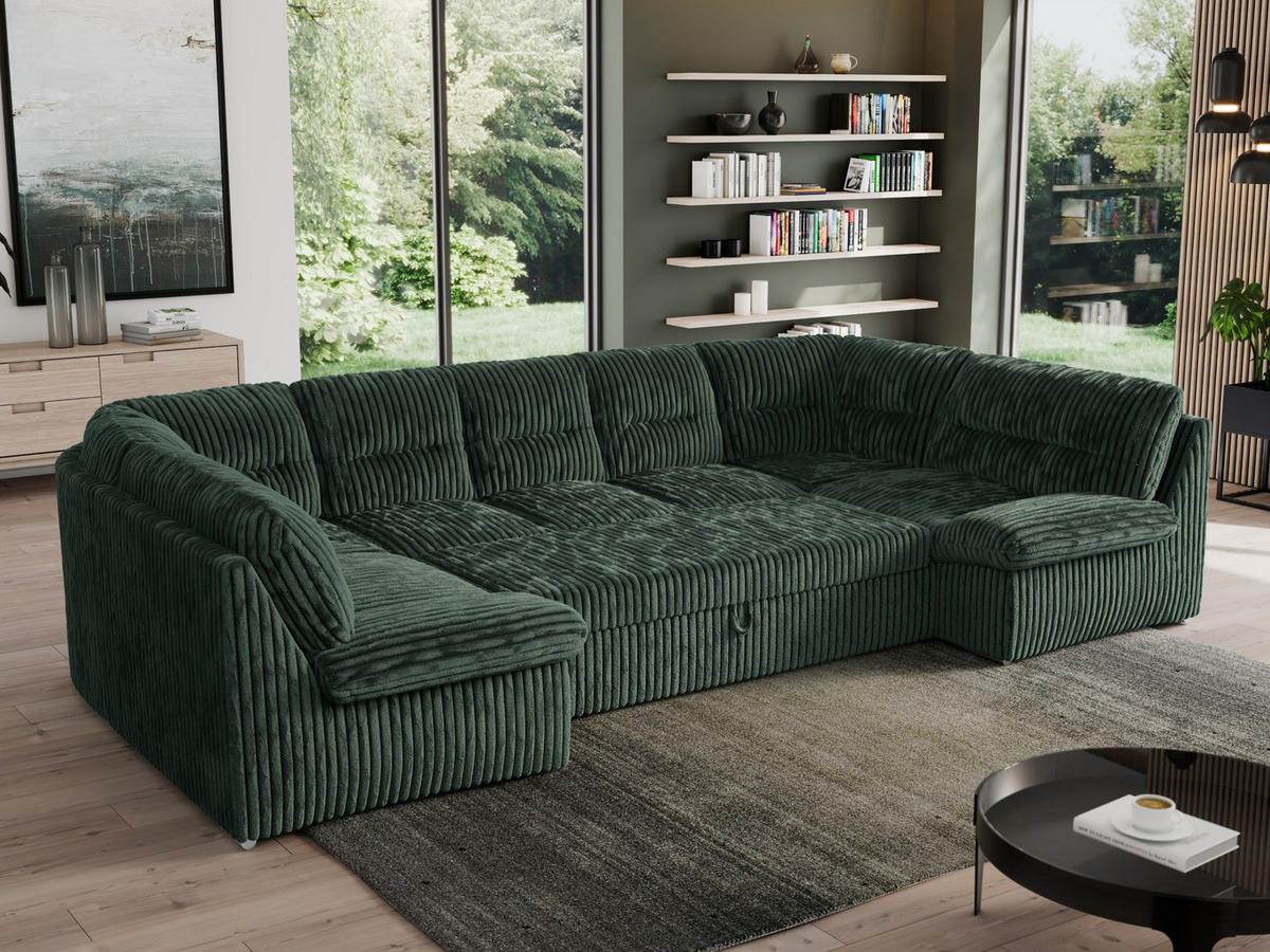 WOHNLANDSCHAFT MORBIDO U Grün Cord - Silberfarben/Grün, Textil/Metall (340/93/206cm) - MKS