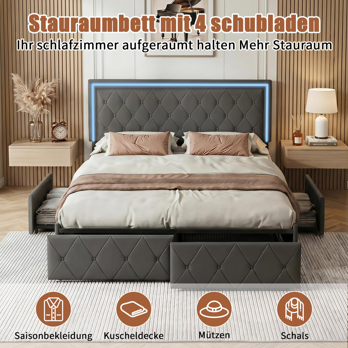 POLSTERBETT Grau 140x200 cm mit LED Kopfteil, 4 Schubladen und Bettkasten - Grau, Holzwerkstoff (140/200cm) - Novahome
