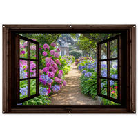 ZAHRADNÍ PLAKÁT Hortenzie - Průhledné - Květiny - Fialové - Příroda - Tmavě hnědé okno 180x120 cm - tmavě hnědá, plast (180/120/0.2cm) - OnlyWow