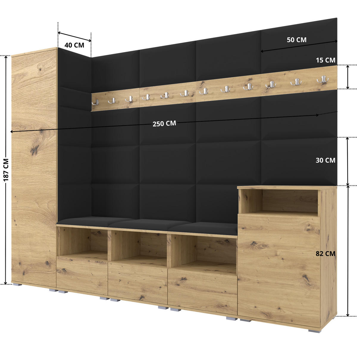 GARDEROBE NELA XI 250 cm (Modulare Flurmöbel Artisan Eiche mit Sitzpolster Schwarz 16 Großes Set) - Silberfarben/Schwarz, Holz/Holzwerkstoff (250/187/40cm) - Ravio