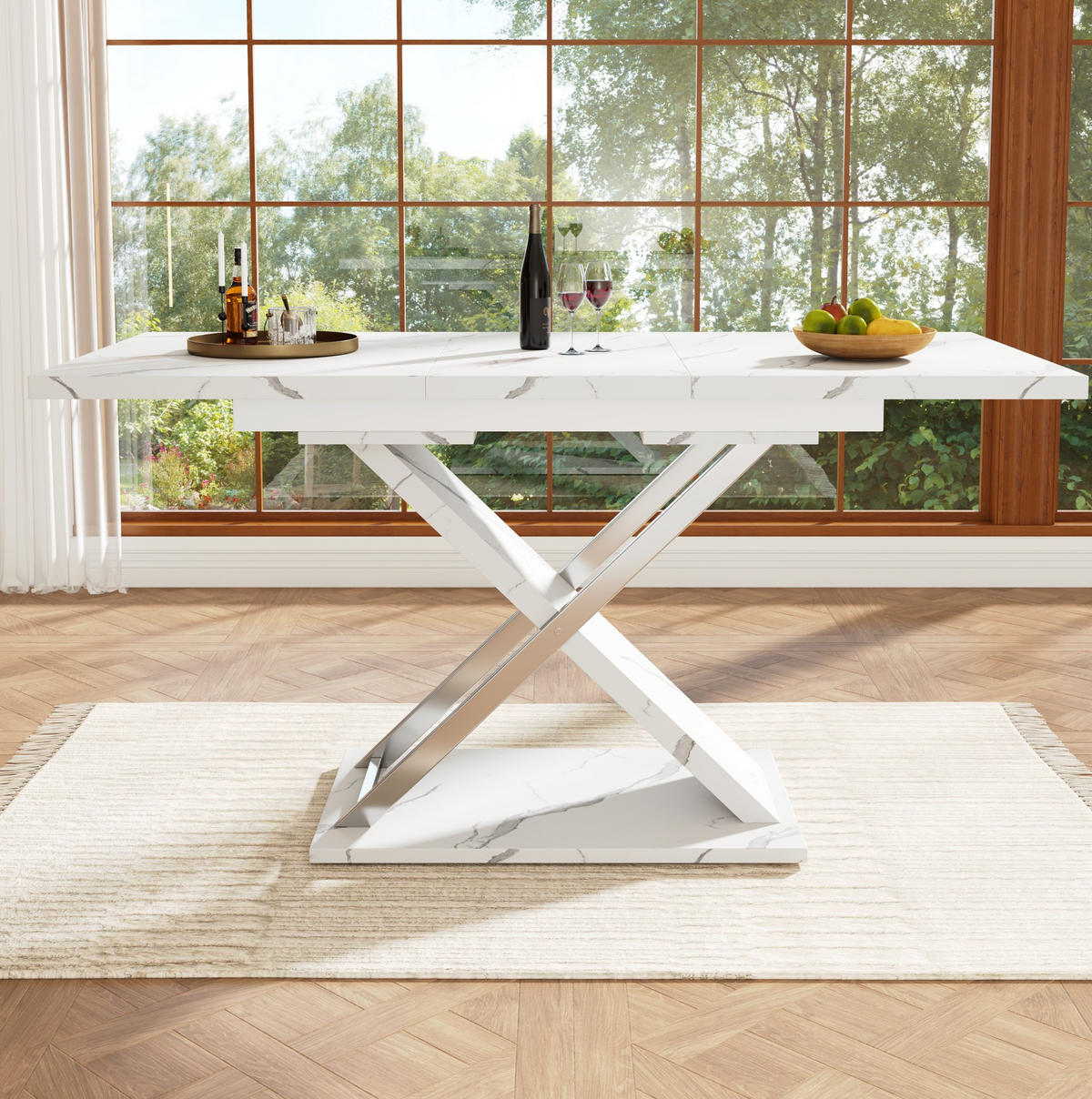 ESSTISCH 118-157x75x76 cm in Weiß aus MDF mit Marmoroptik auf Kreuzgestell ausziehbar - Weiß, Holzwerkstoff (157/75/76.4cm) - Modfu